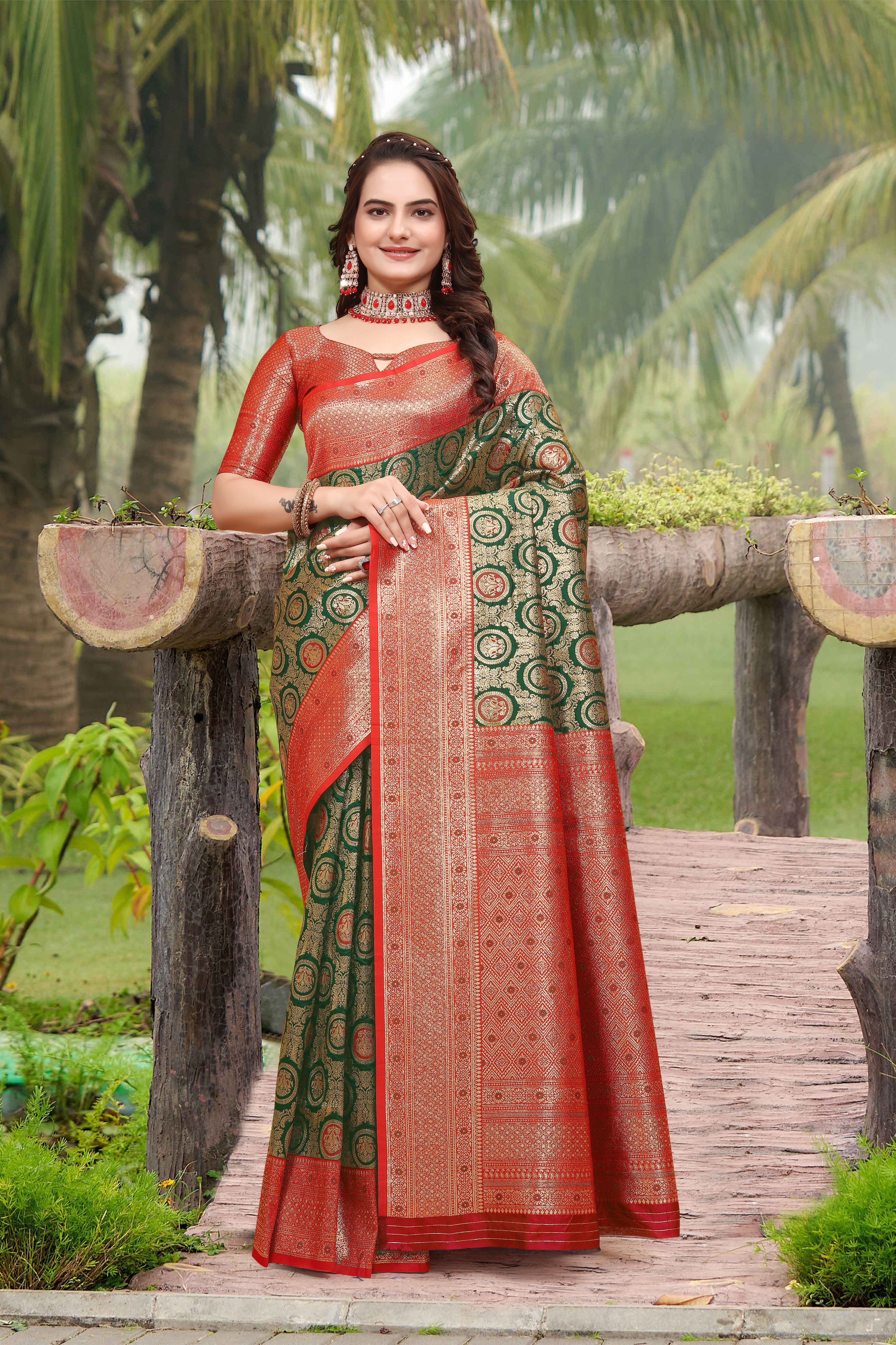 Banarasi Silk Green Contrast Saree
