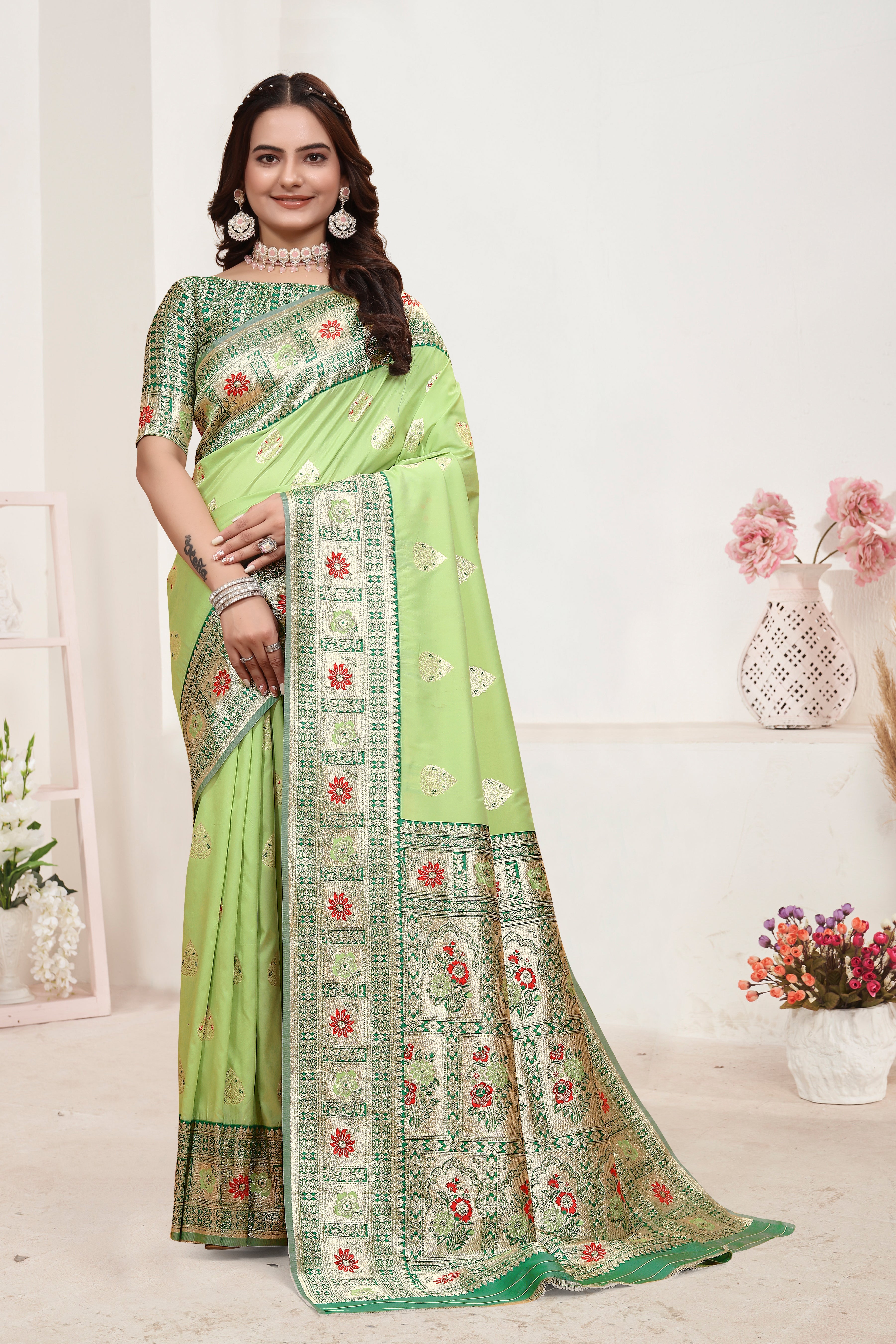 Banarasi Silk Pista Green Contrast With Meena Saree