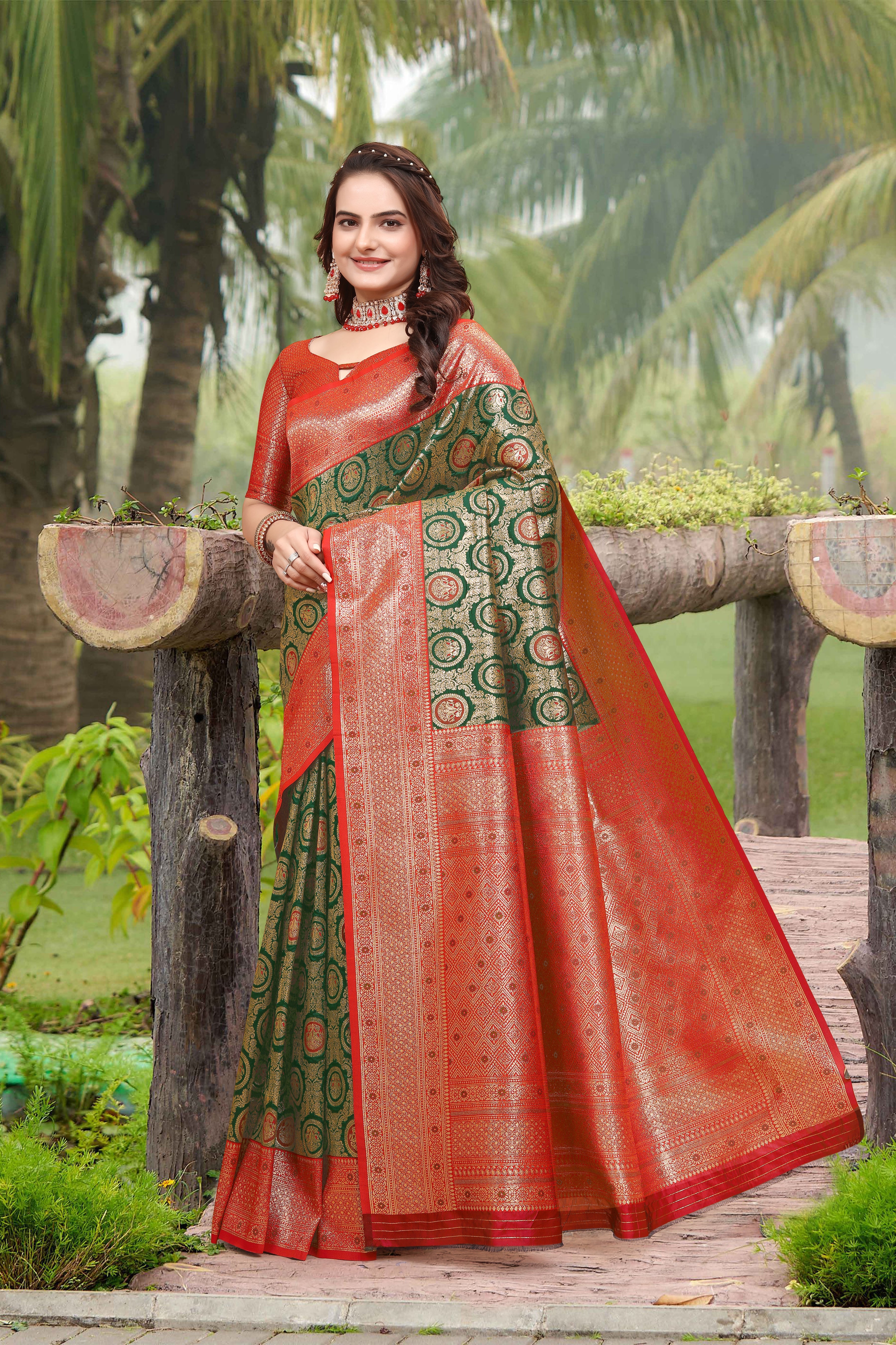 Banarasi Silk Green Contrast Saree