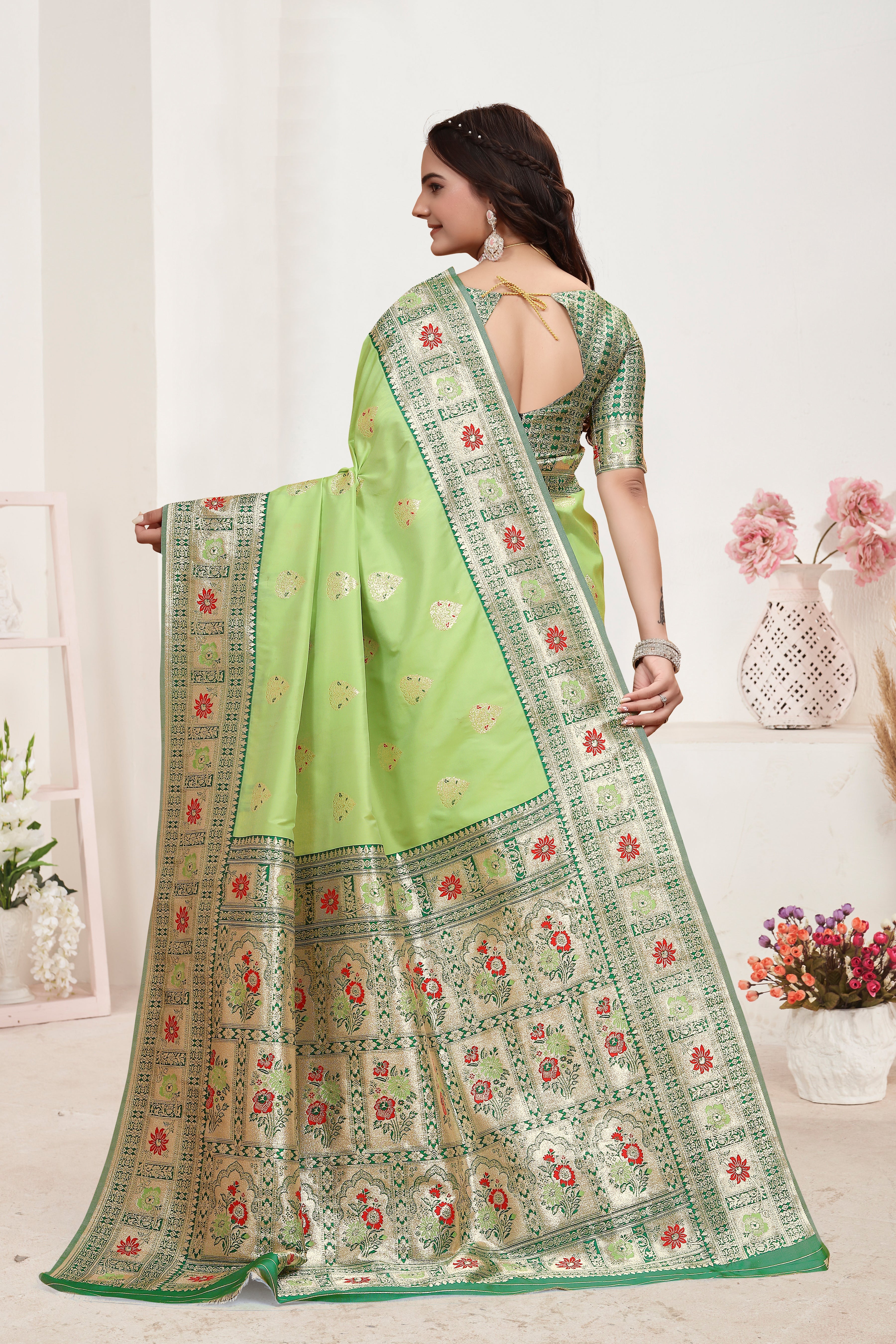 Banarasi Silk Pista Green Contrast With Meena Saree