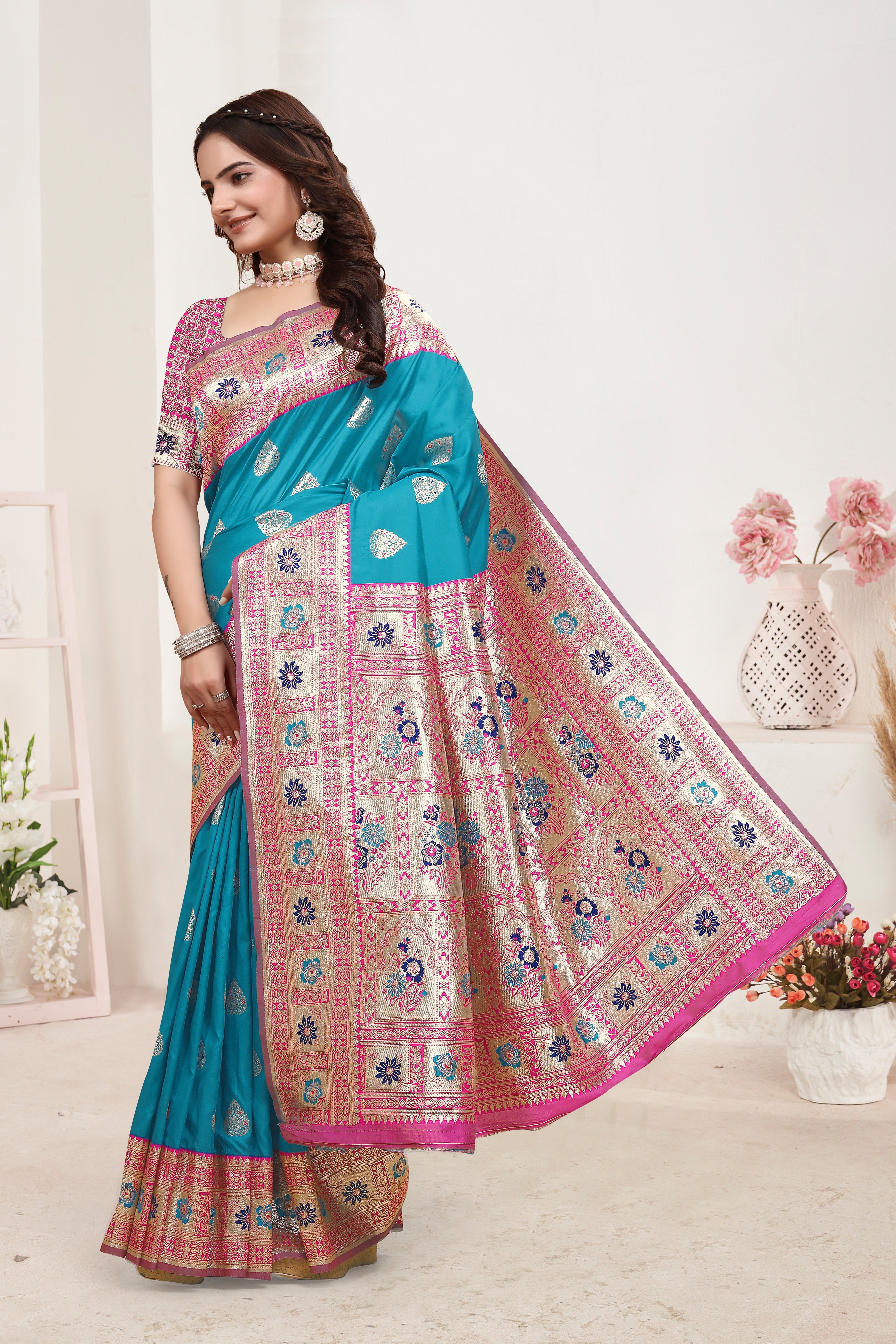 Banarasi Silk Cerulean Blue Contrast With Meena Saree