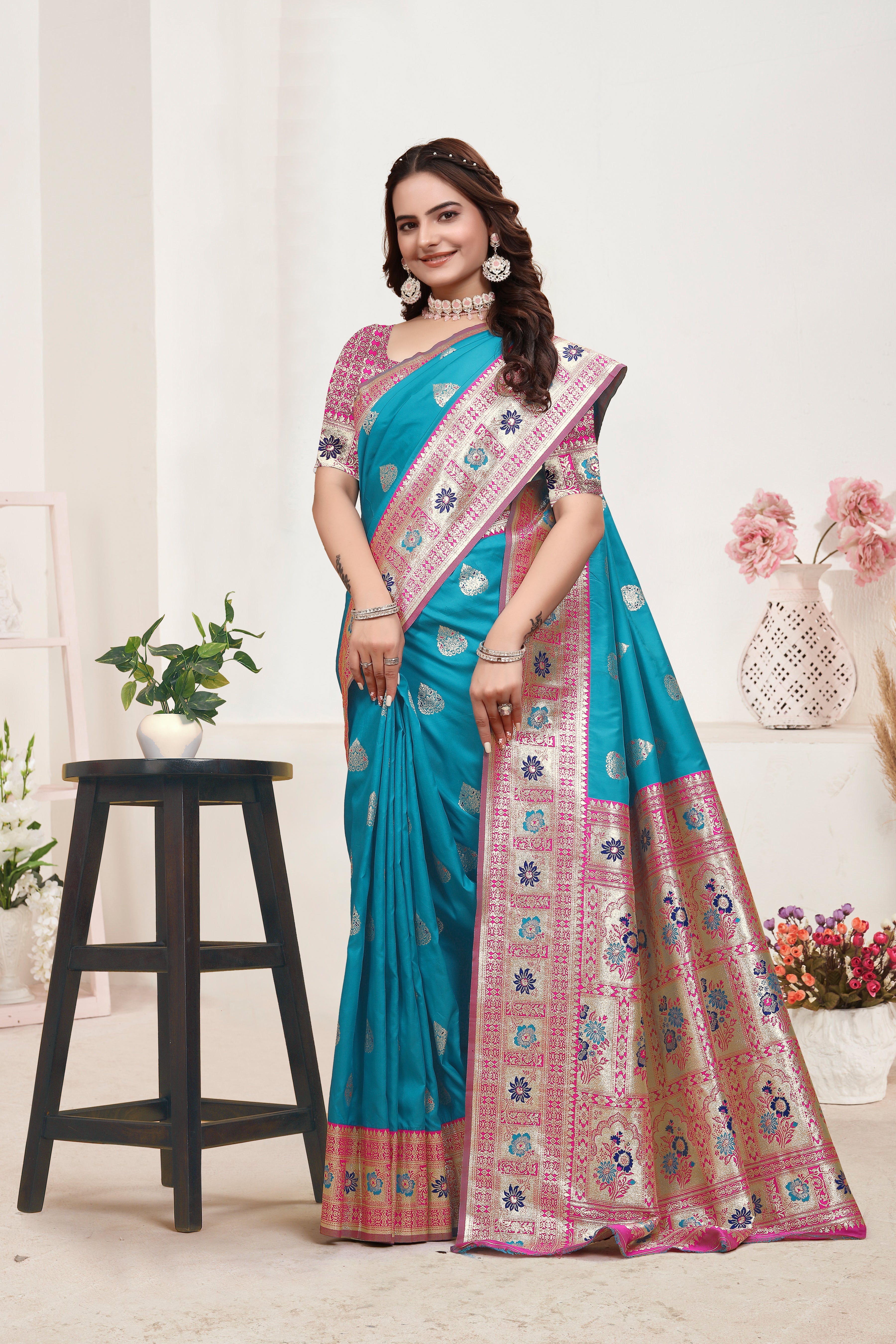 Banarasi Silk Cerulean Blue Contrast With Meena Saree
