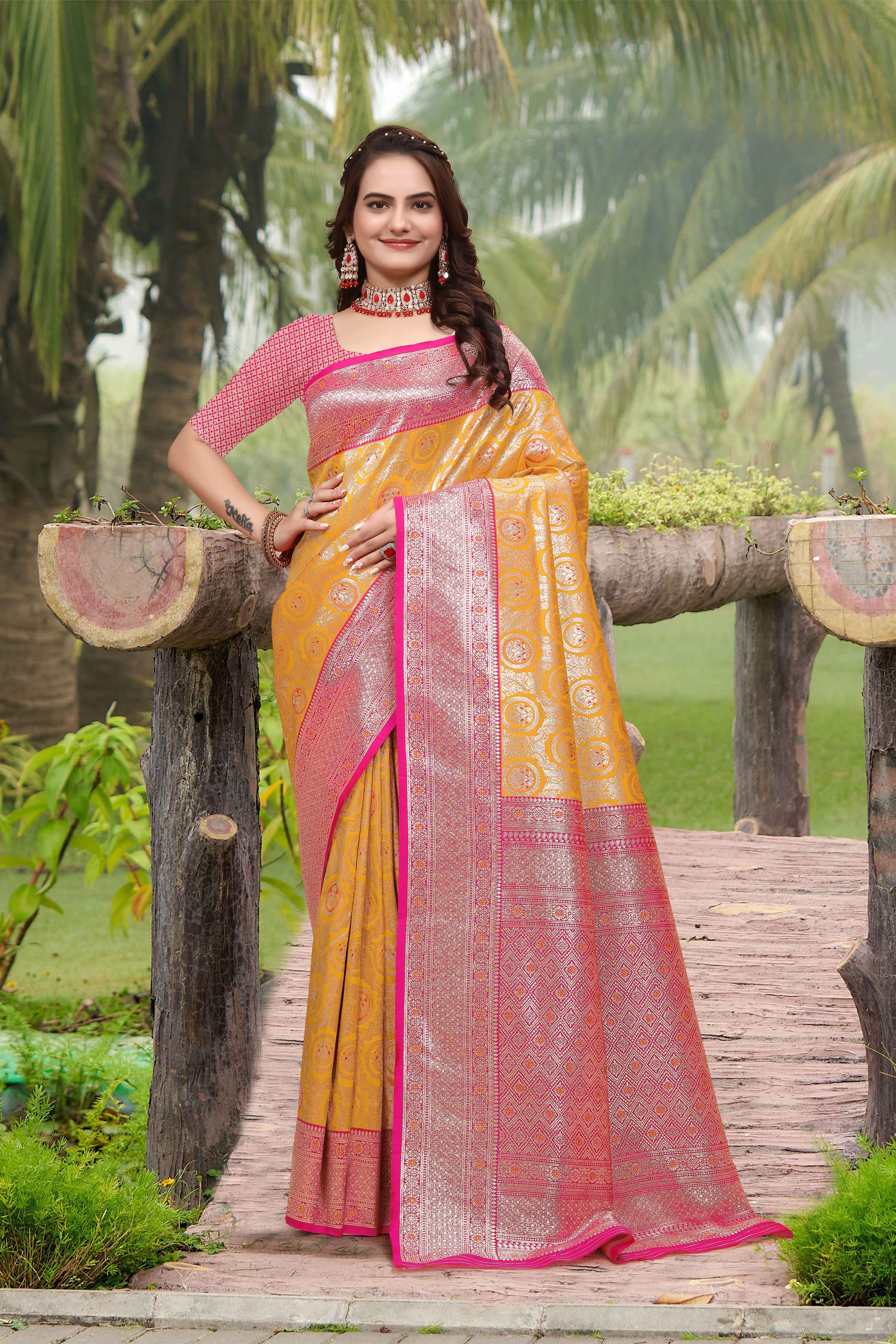 Banarasi Silk Orange Contrast  Saree