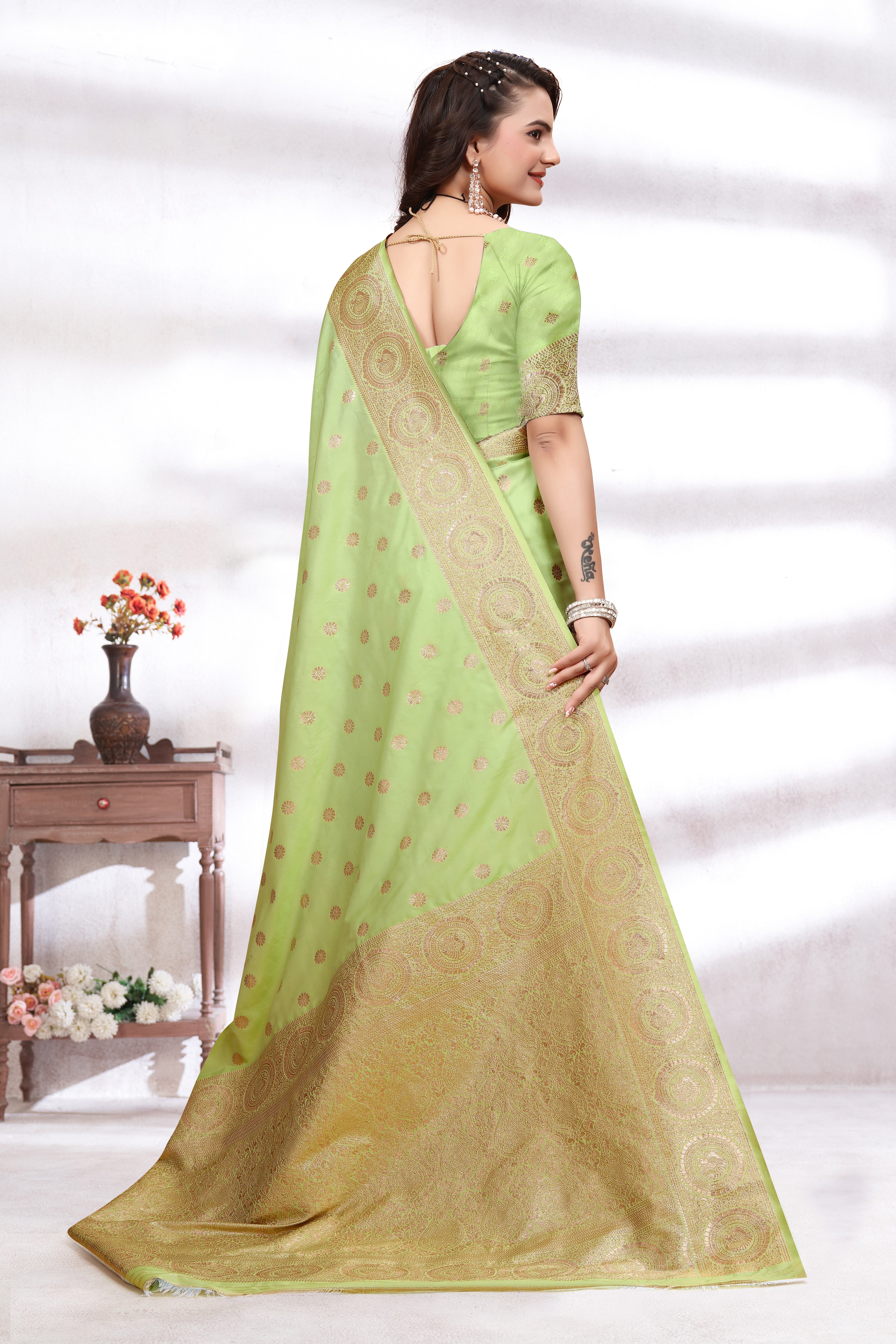Banarasi Silk Light Green Contrast With Meena Saree