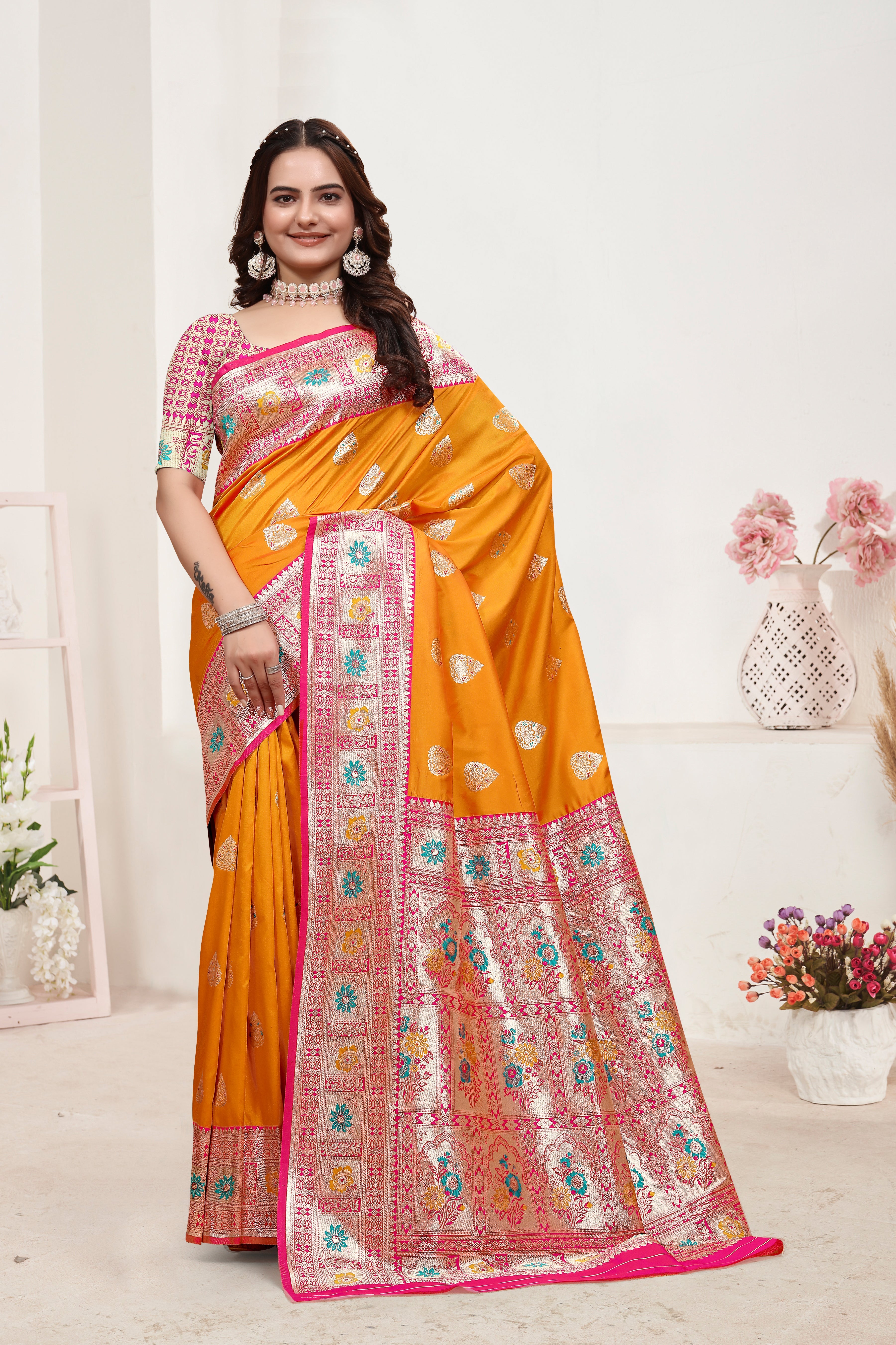 Banarasi Orange Silk Saree