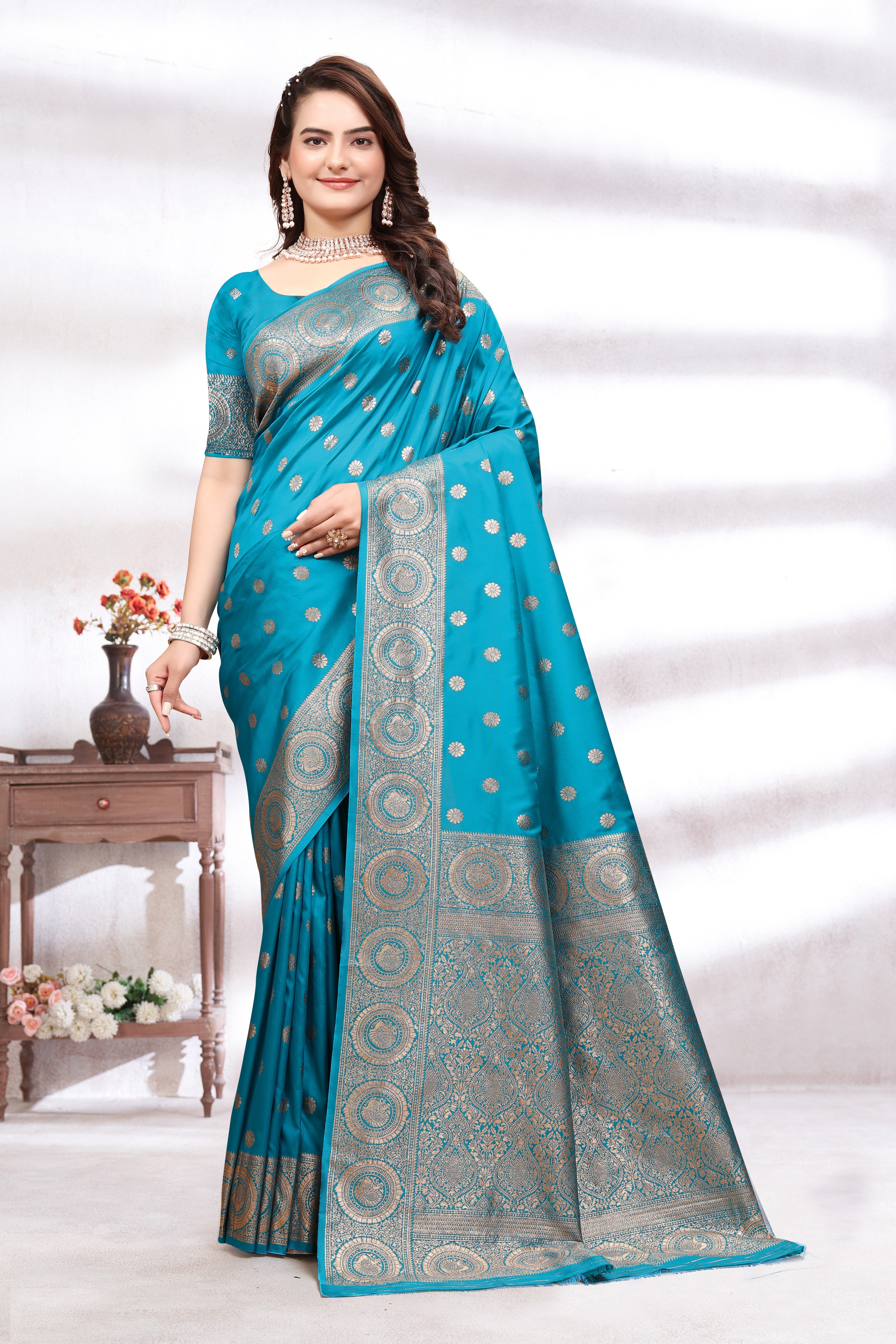 Banarasi Silk Sky Blue Contrast With Meena Saree