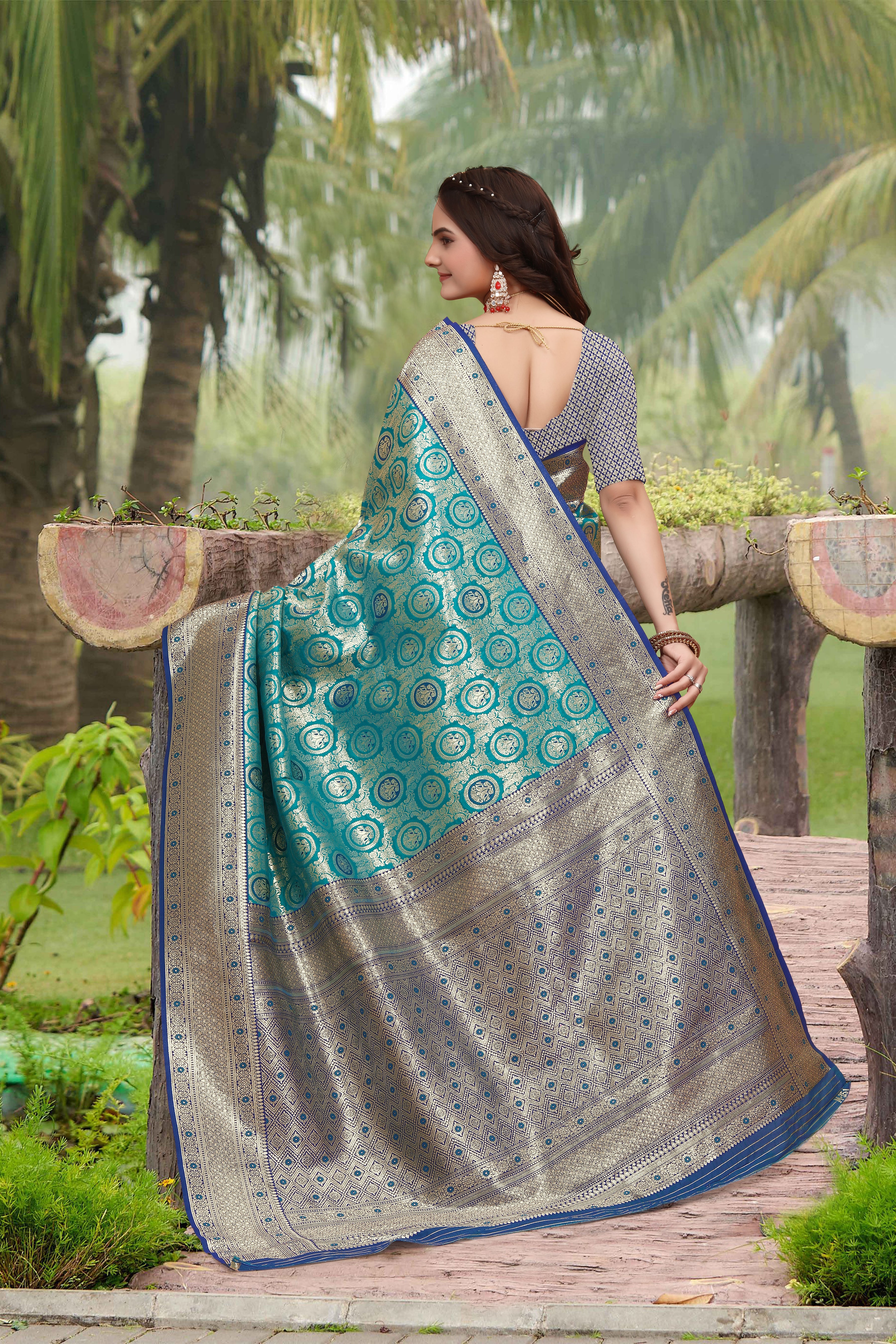 Banarasi Silk Light Blue Contrast With Meena Saree