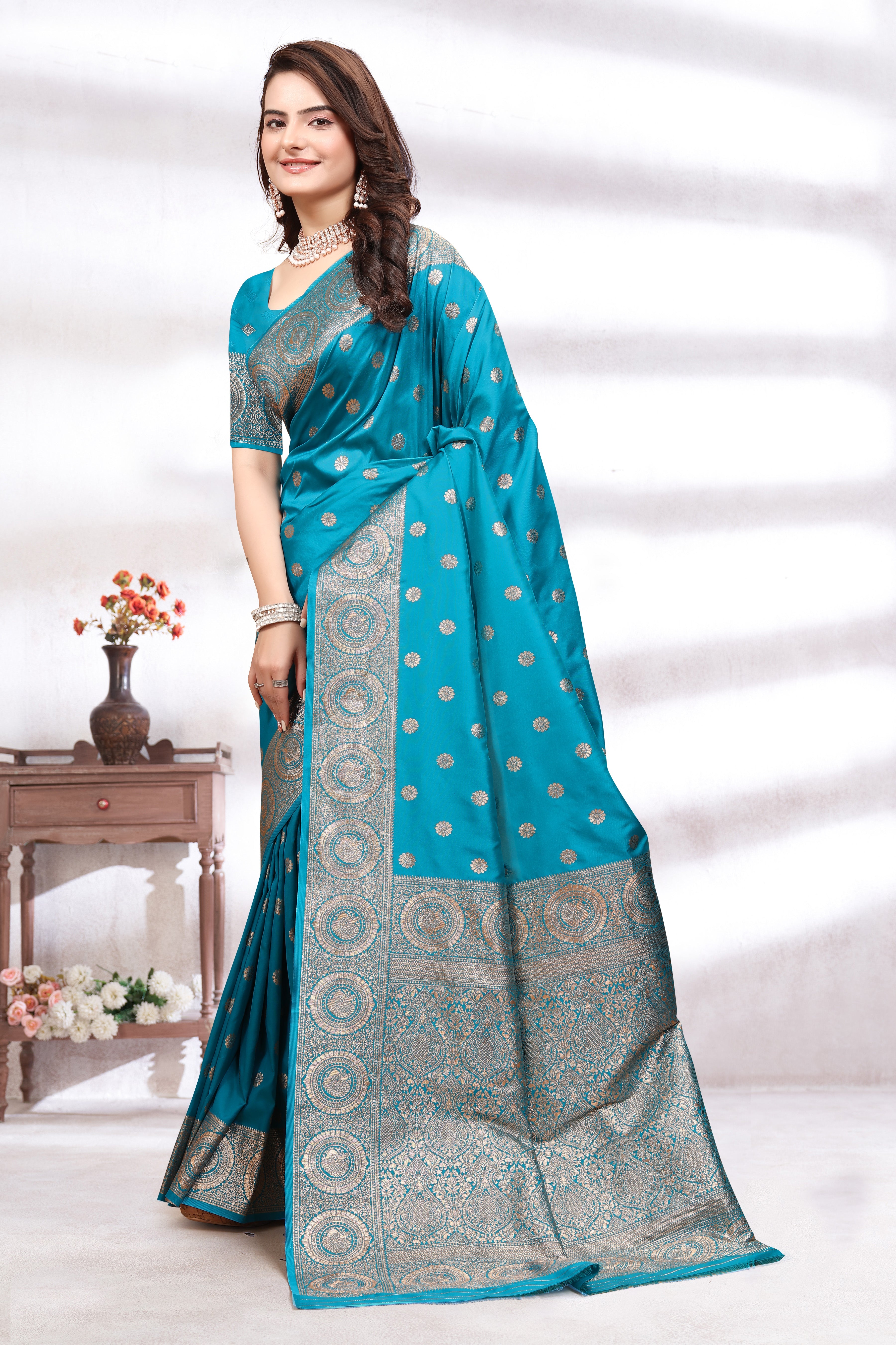 Banarasi Silk Sky Blue Contrast With Meena Saree