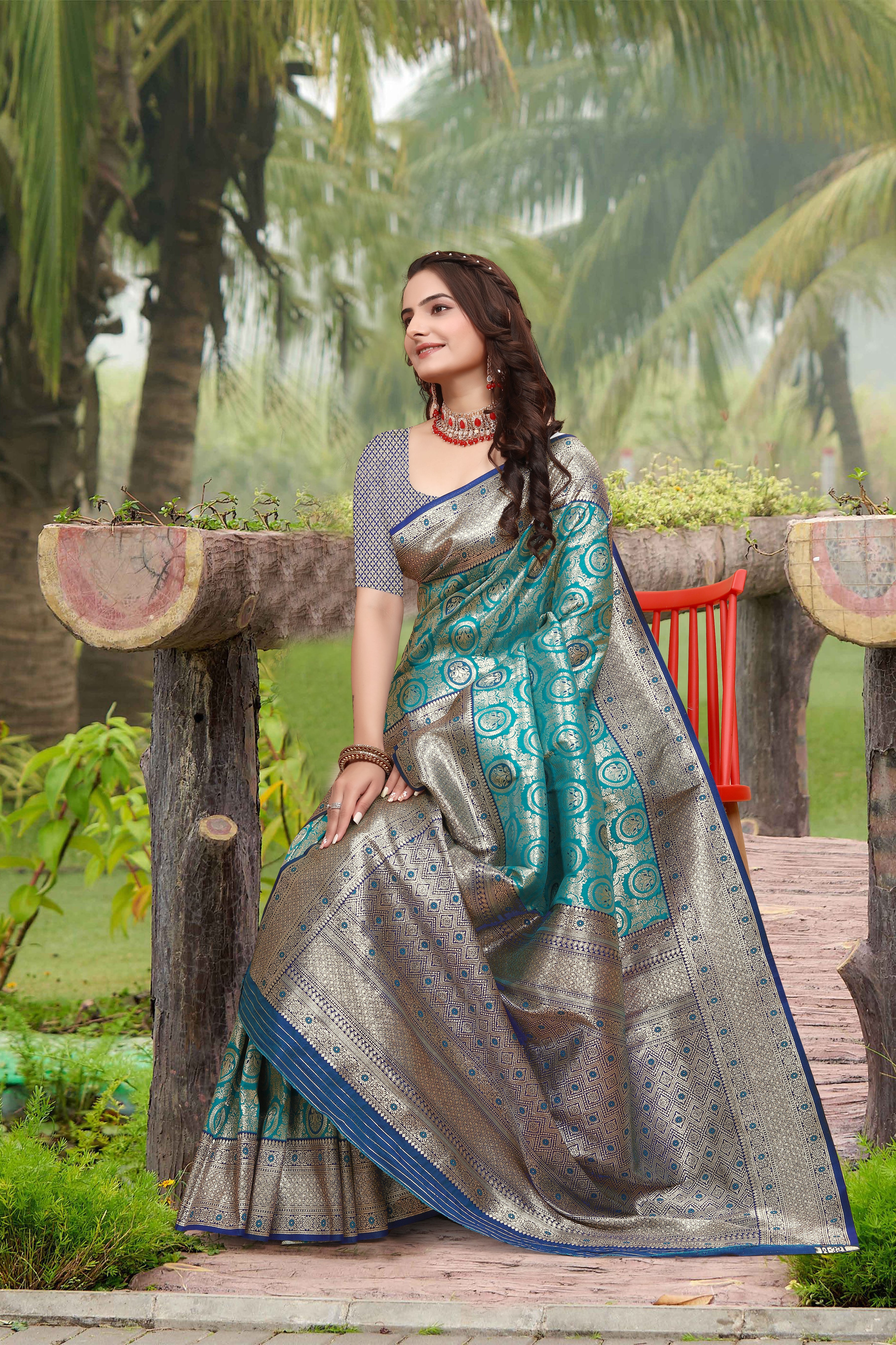 Banarasi Silk Light Blue Contrast With Meena Saree