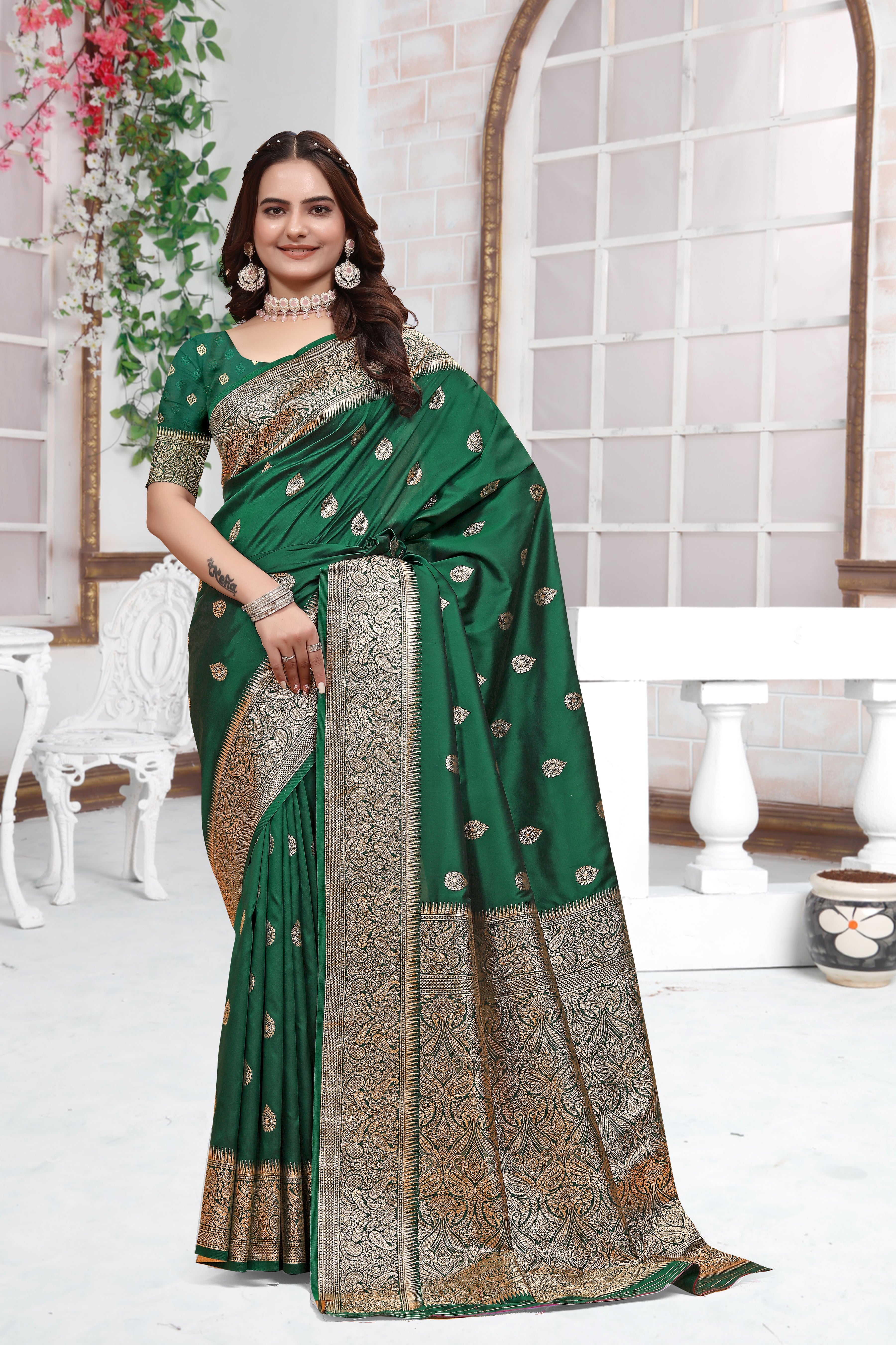 Banarasi Dark Green Silk Saree