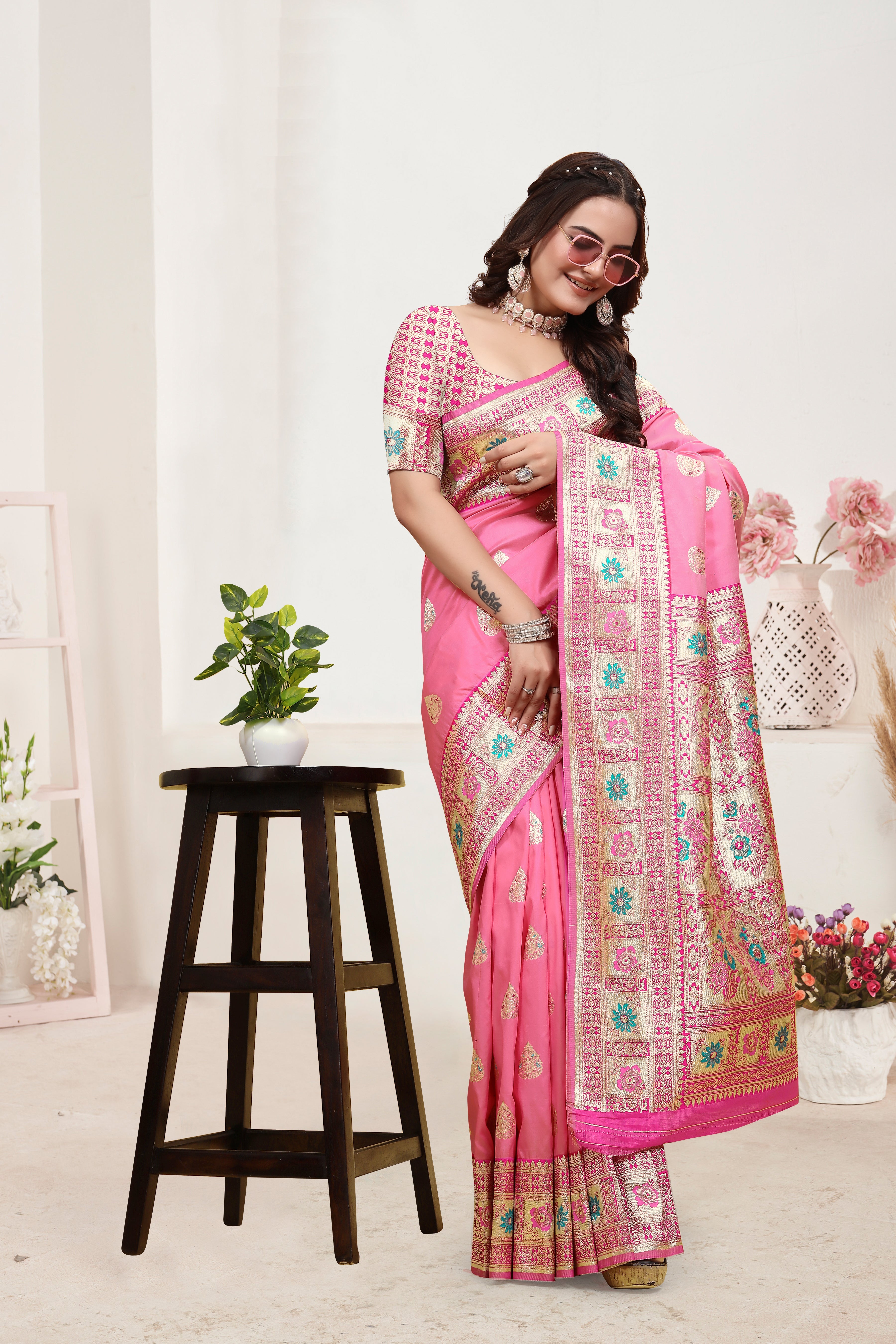 Banarasi Silk Light Pink Contrast With Meena Saree