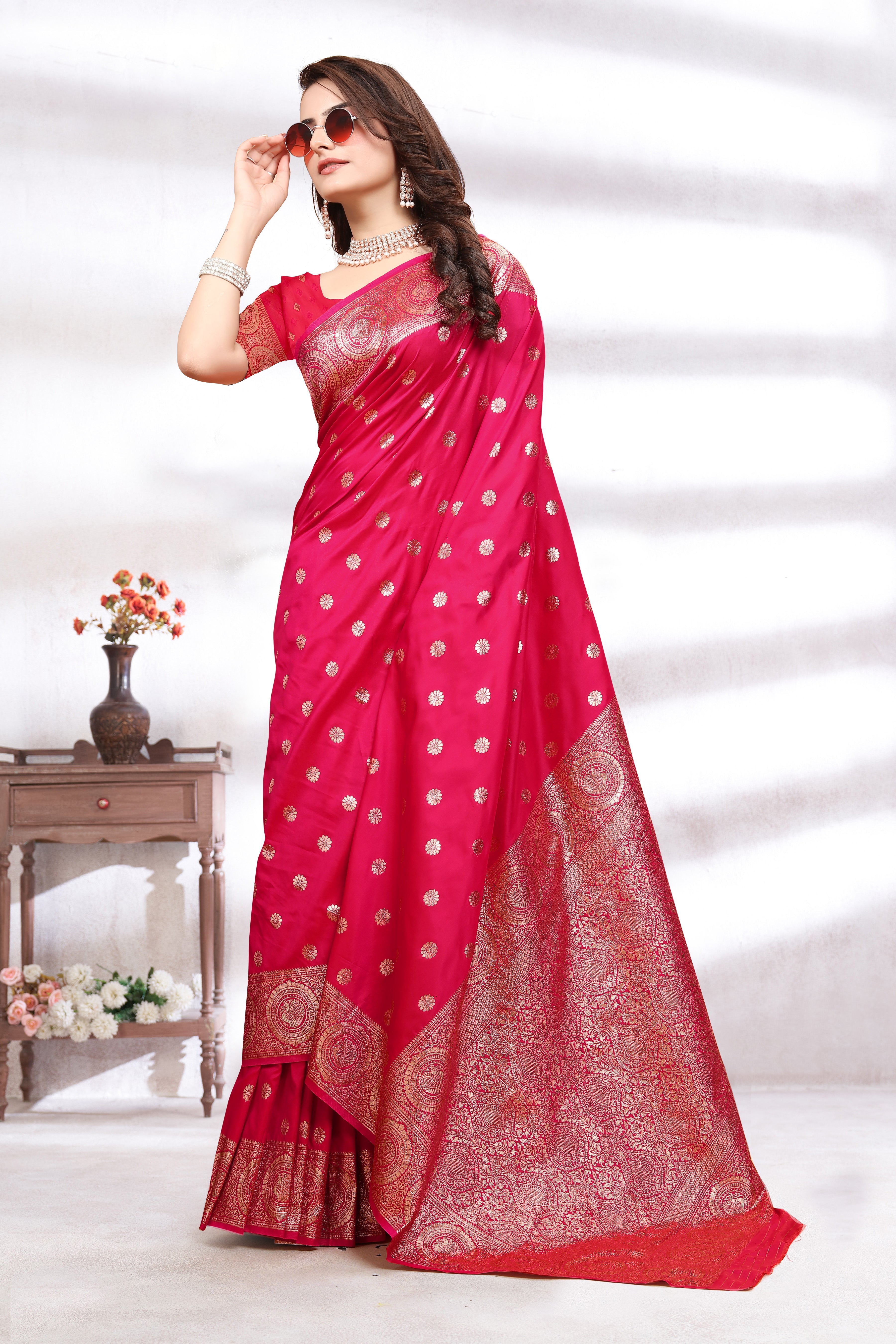 Banarasi Silk Pink Contrast With Meena Saree