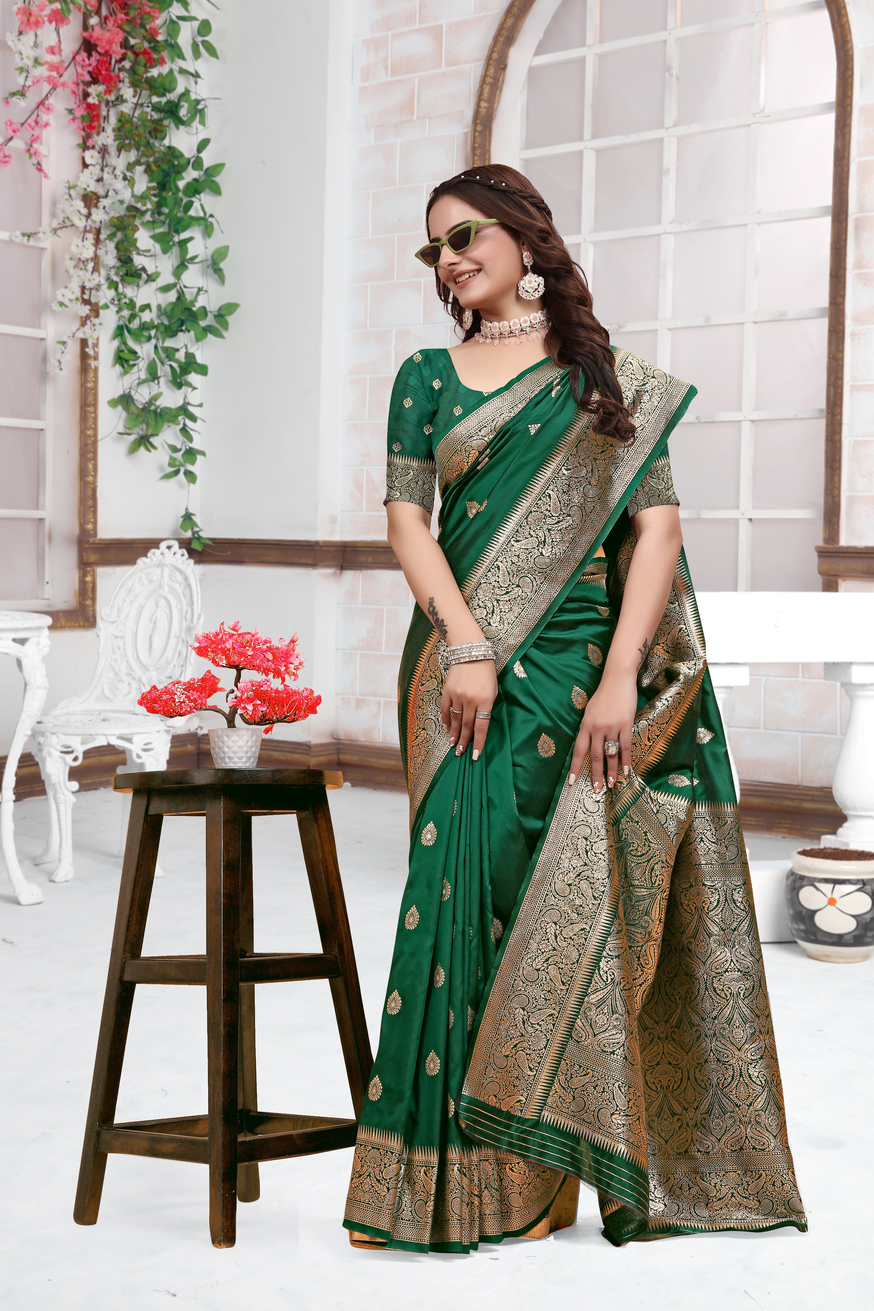 Banarasi Dark Green Silk Saree