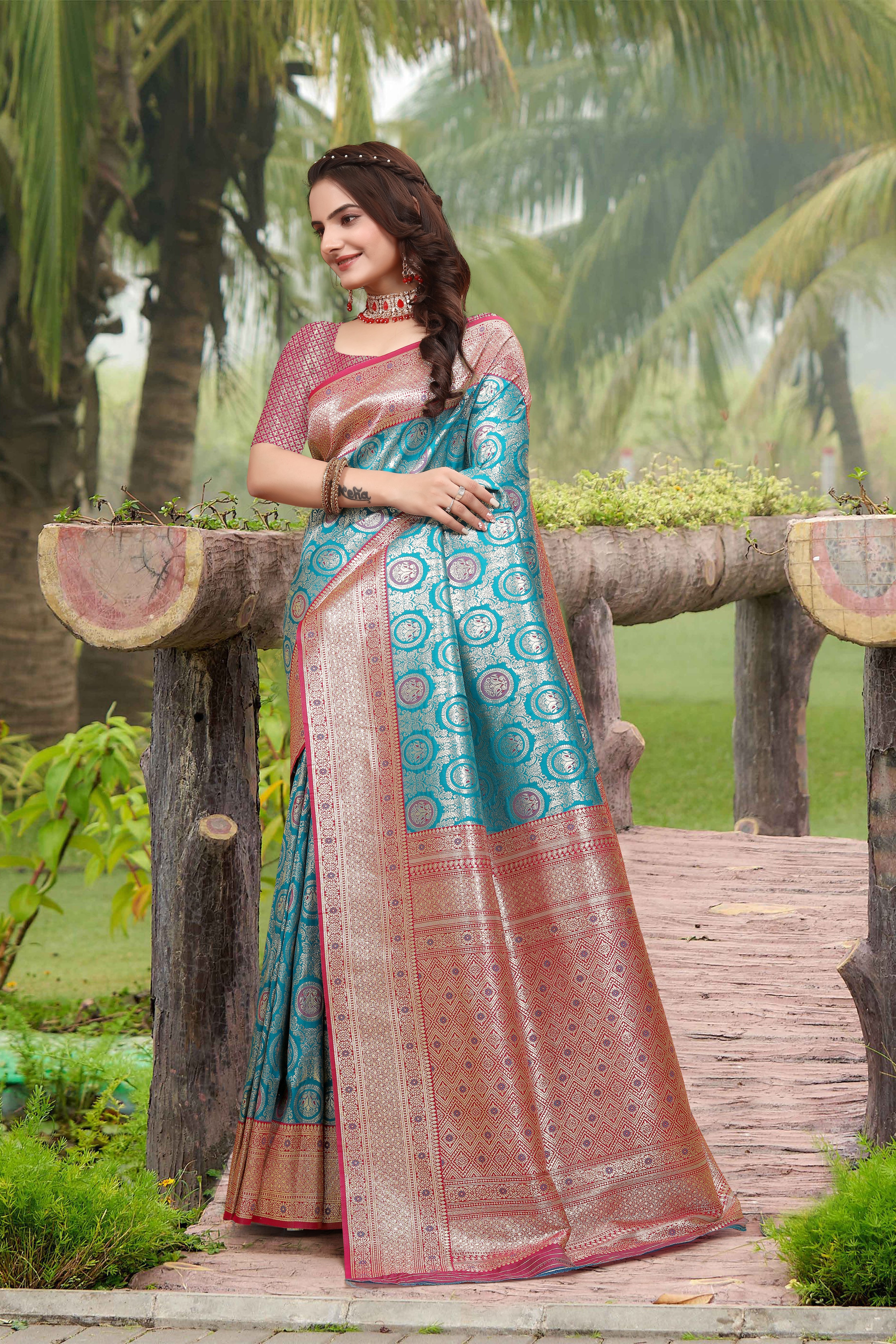 Banarasi Silk Turquoise Blue Contrast With Meena Saree