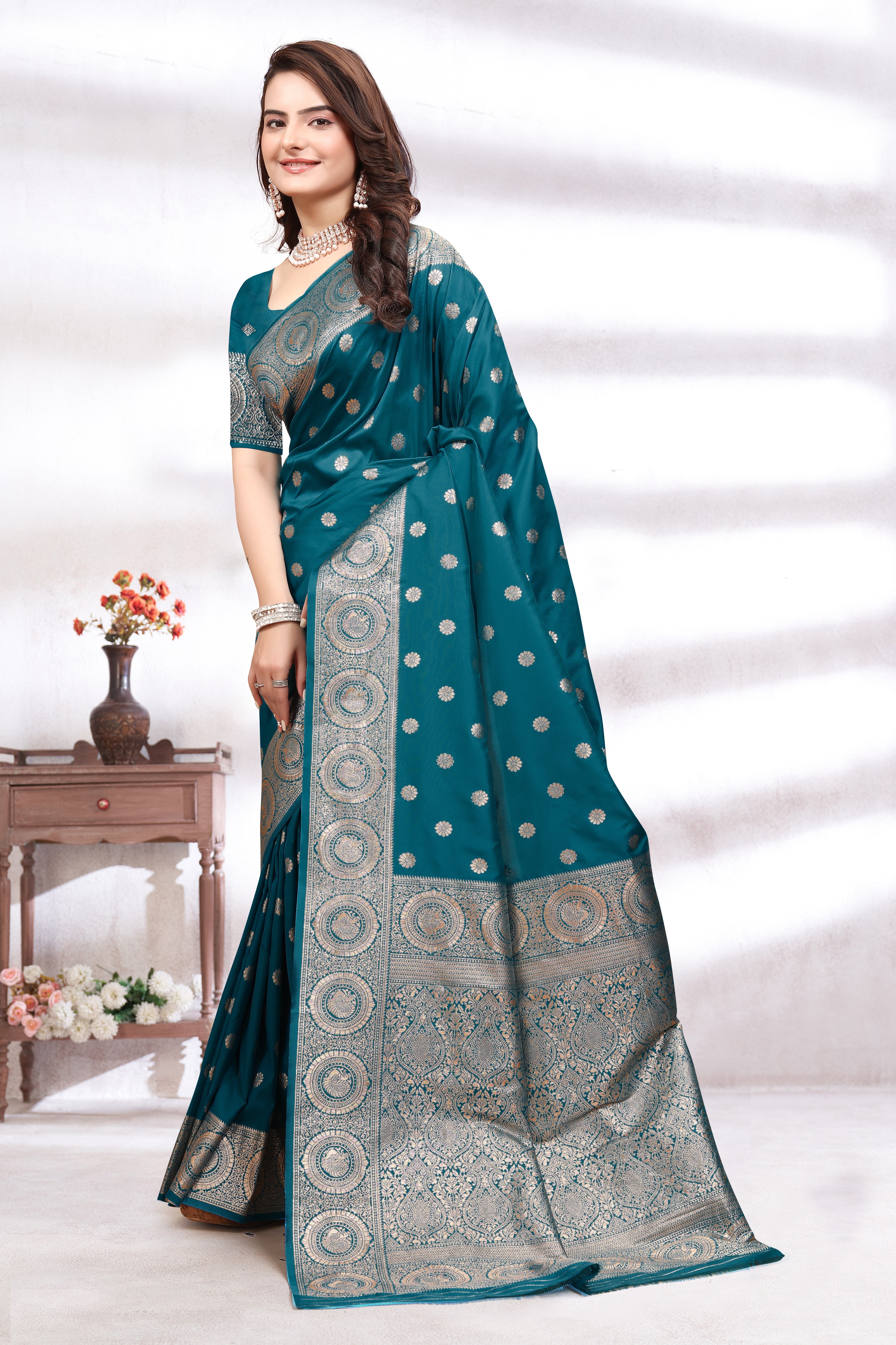 Banarasi Silk Teal Blue Contrast With Meena Saree