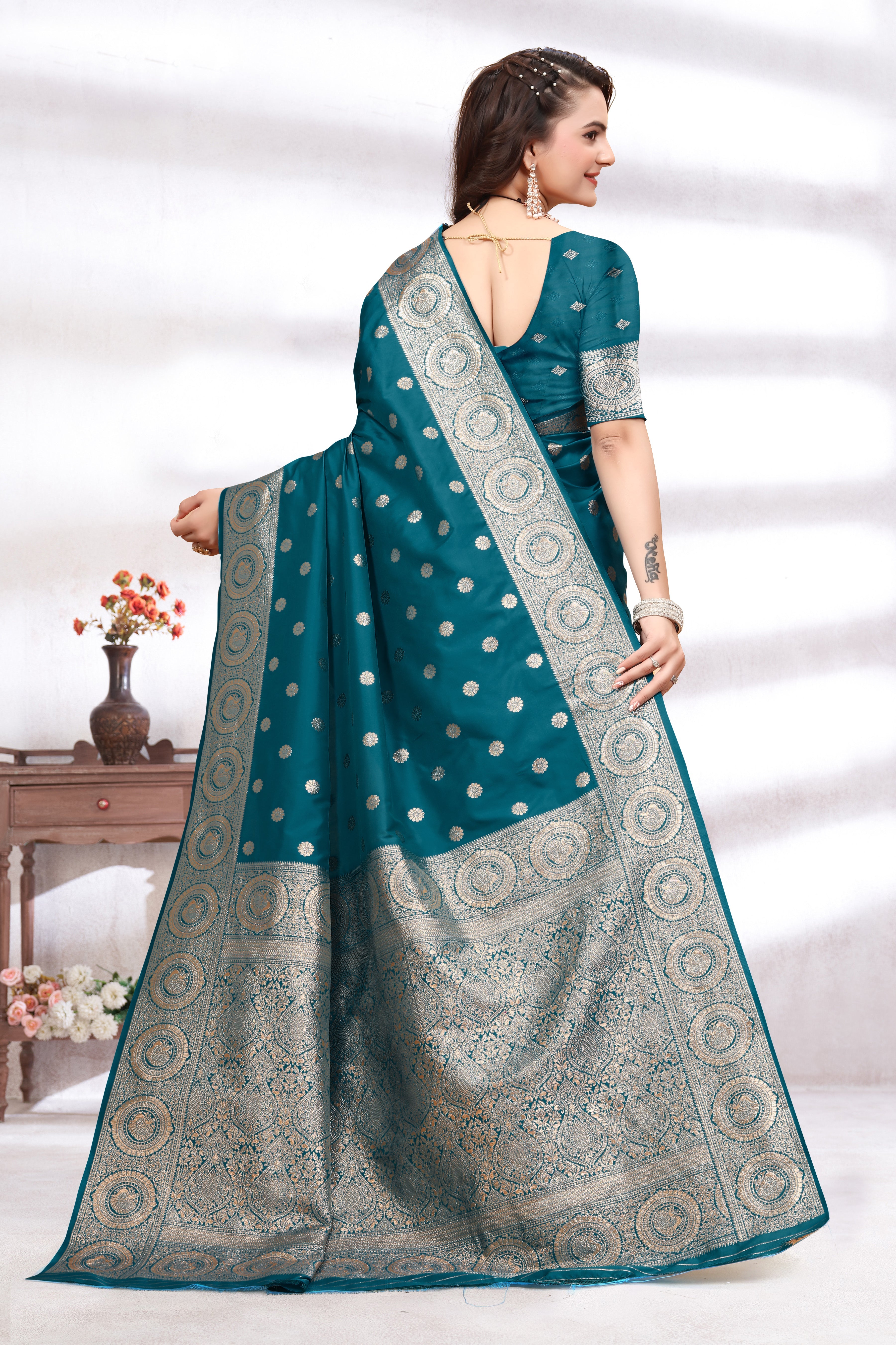 Banarasi Silk Teal Blue Contrast With Meena Saree