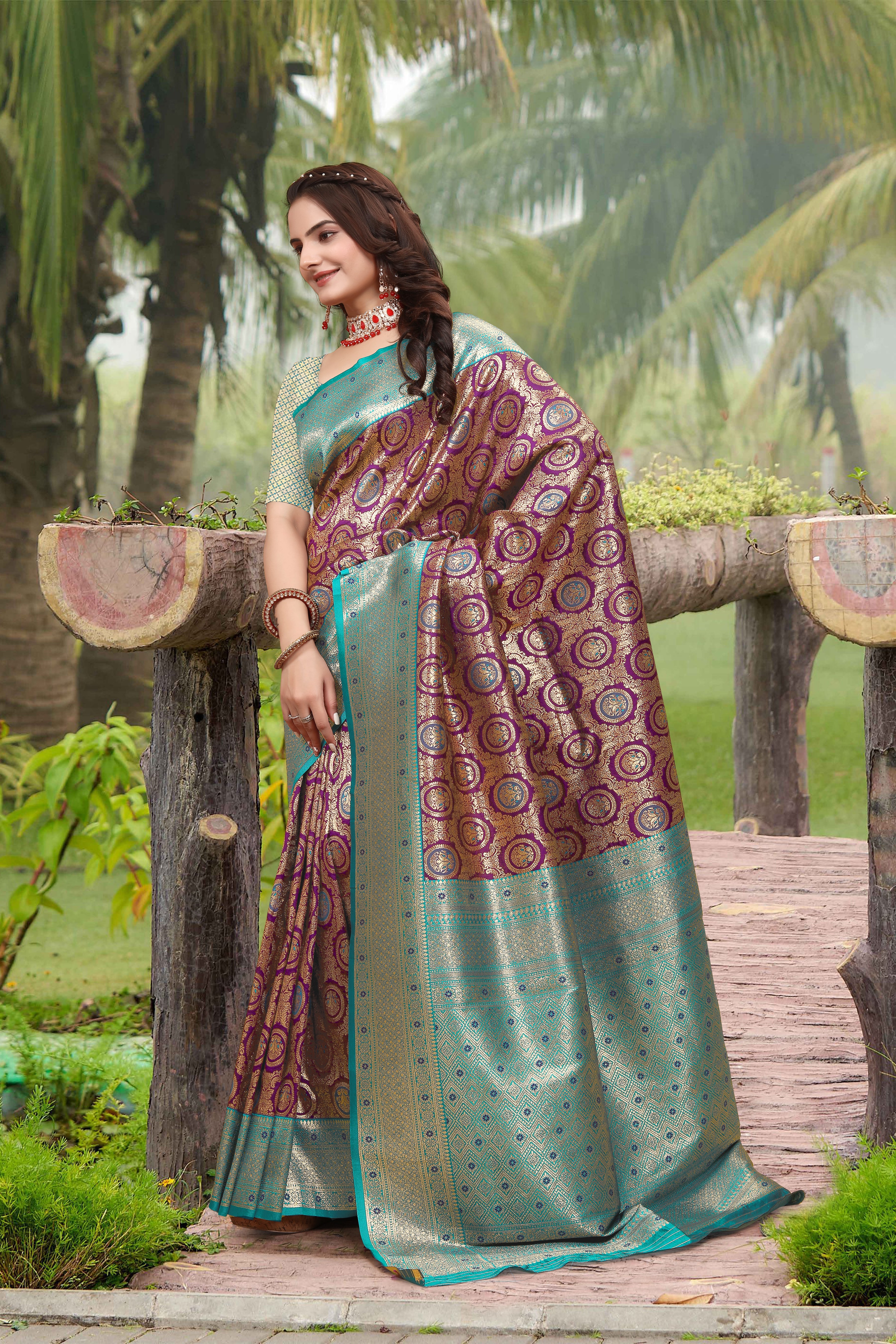 Banarasi Silk Purple Contrast With Meena Saree