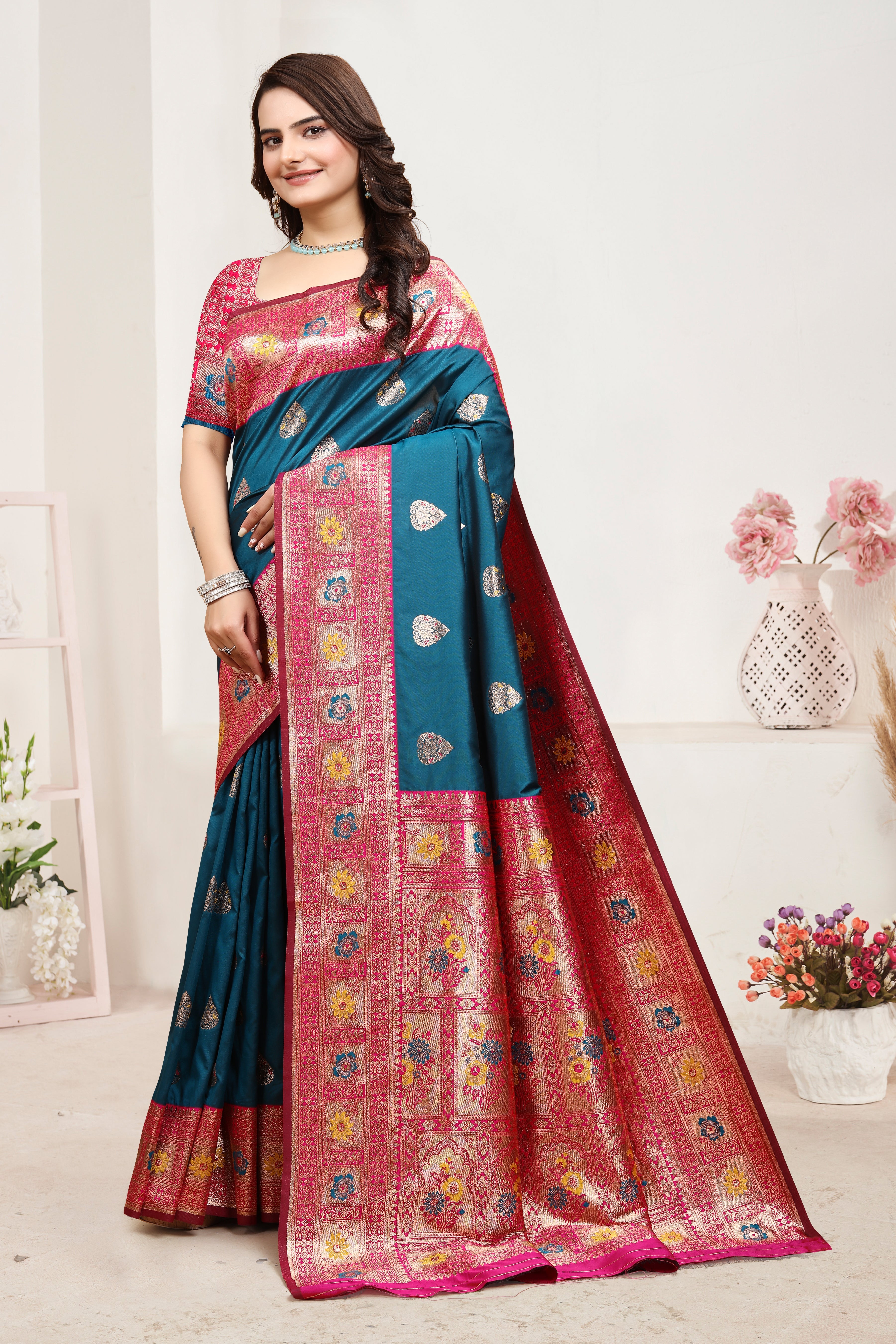 Banarasi Silk Blue Contrast With Meena Saree