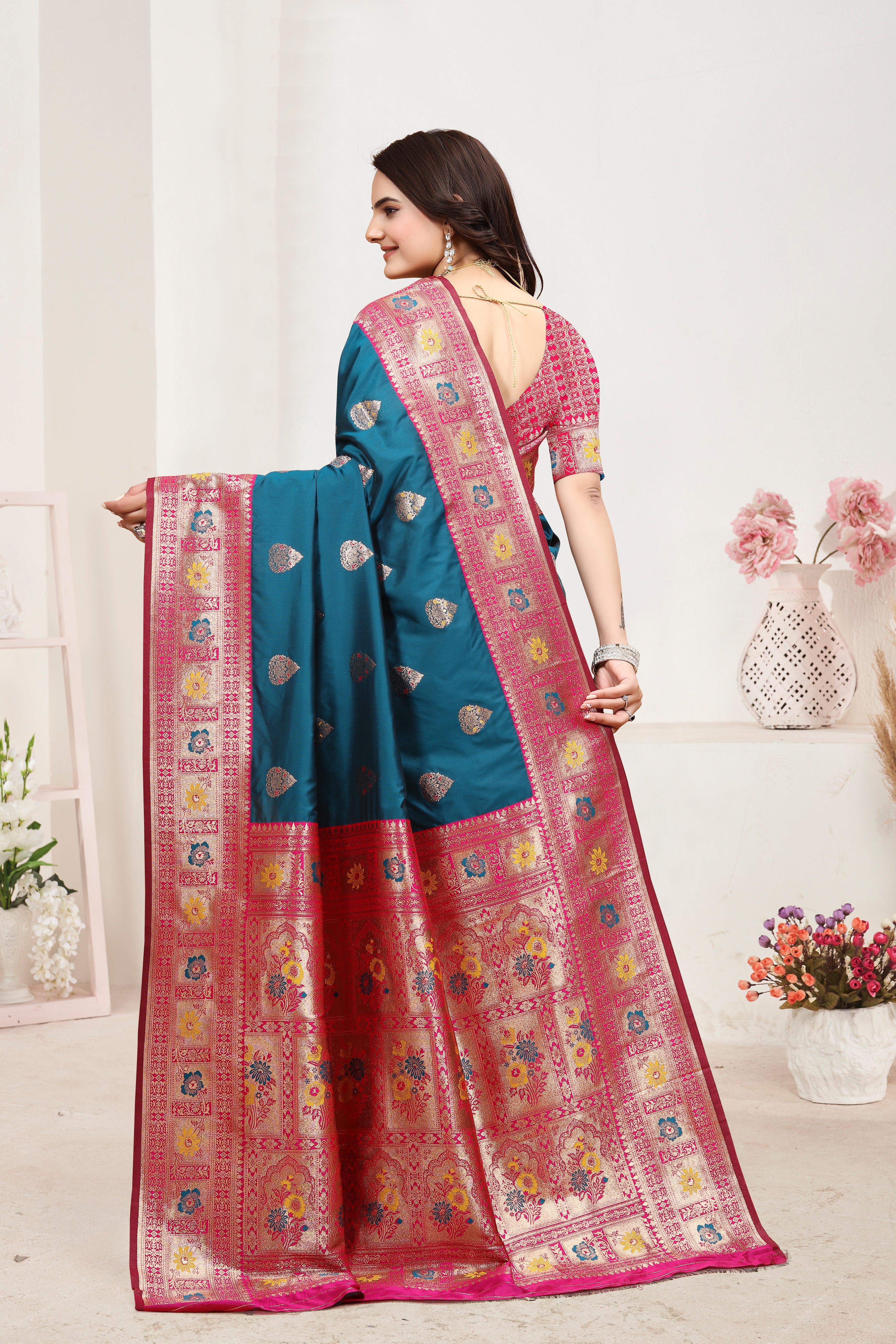 Banarasi Silk Blue Contrast With Meena Saree