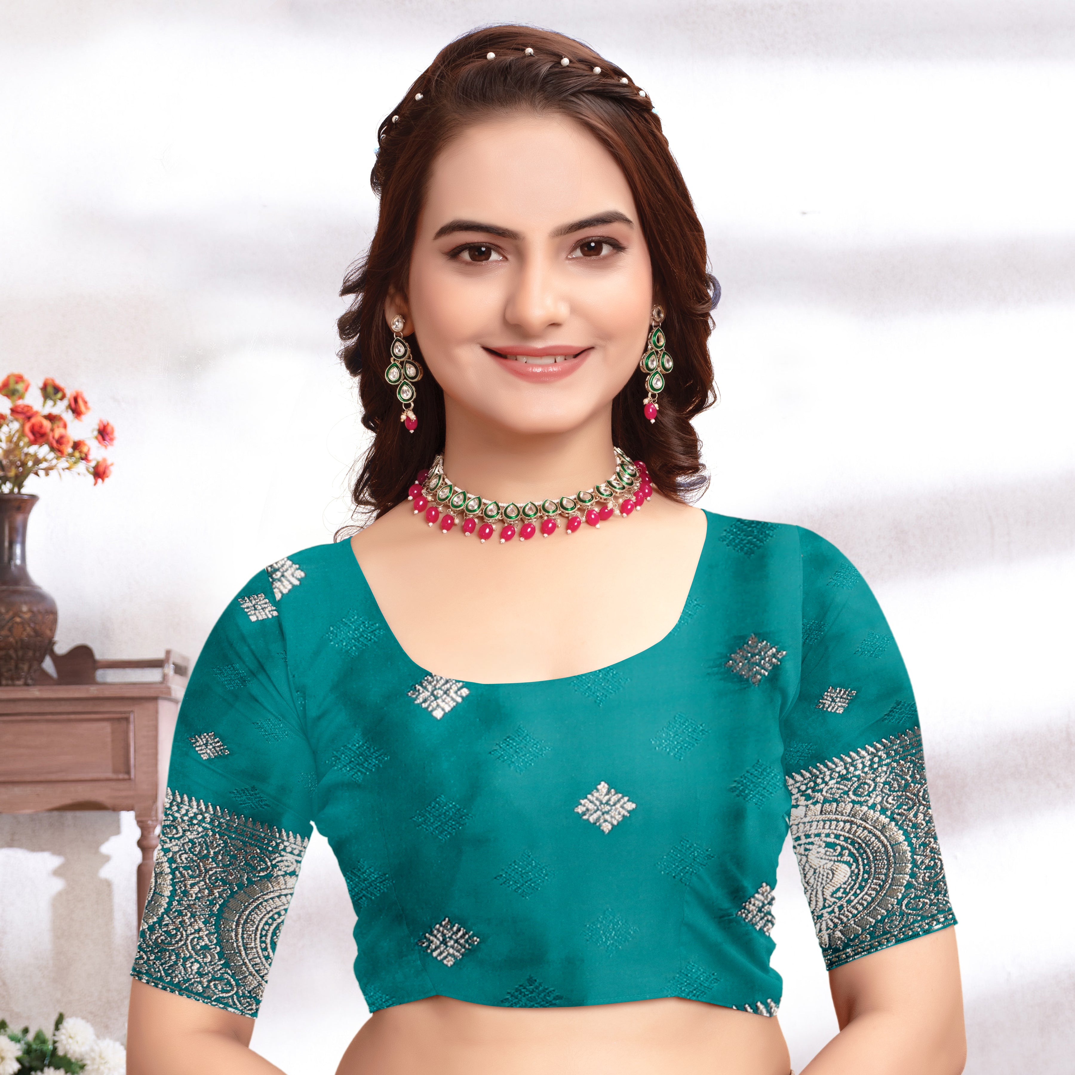 Banarasi Silk Rama Contrast With Meena Saree