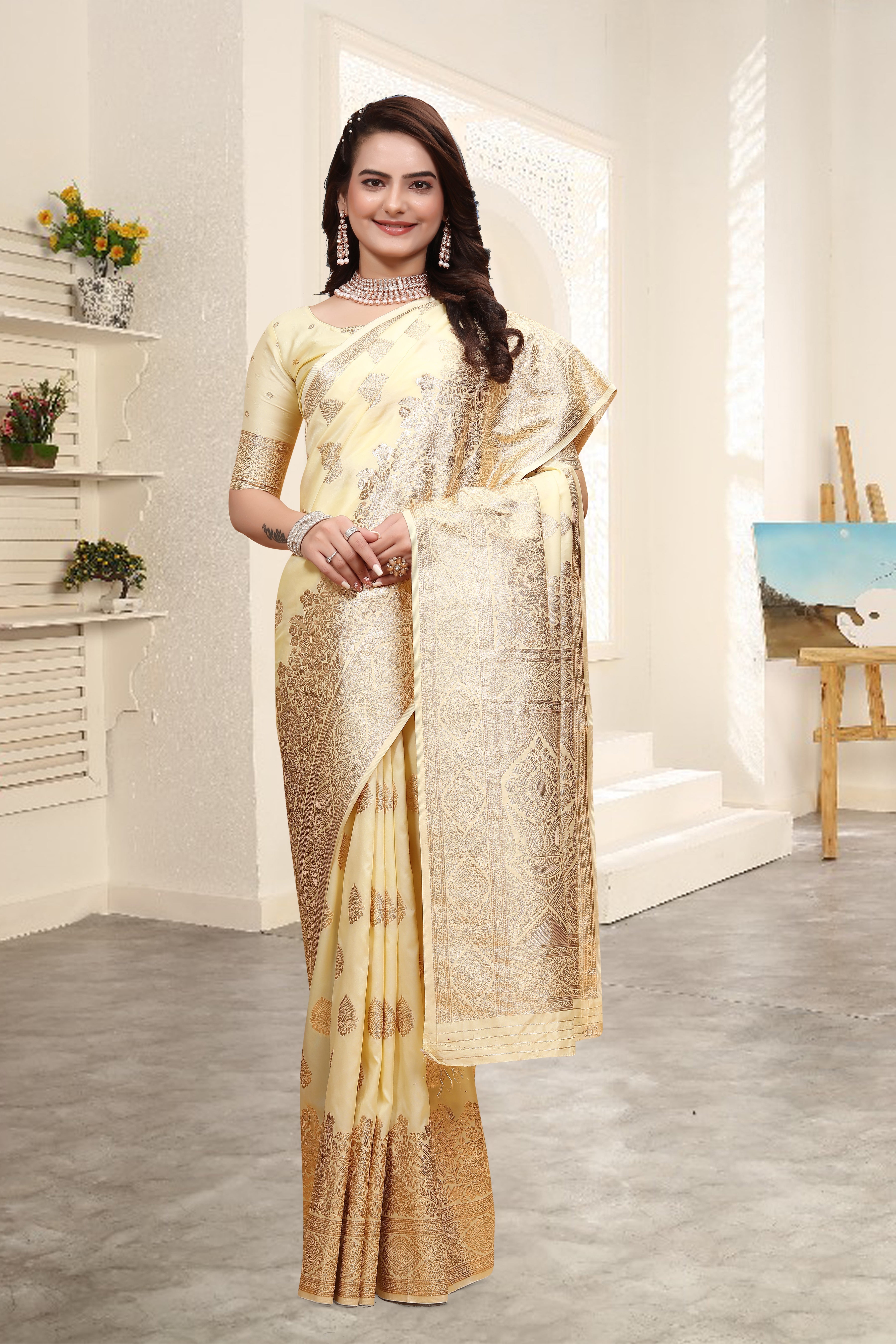 Banarasi Silk Cream Contrast With Meena Saree