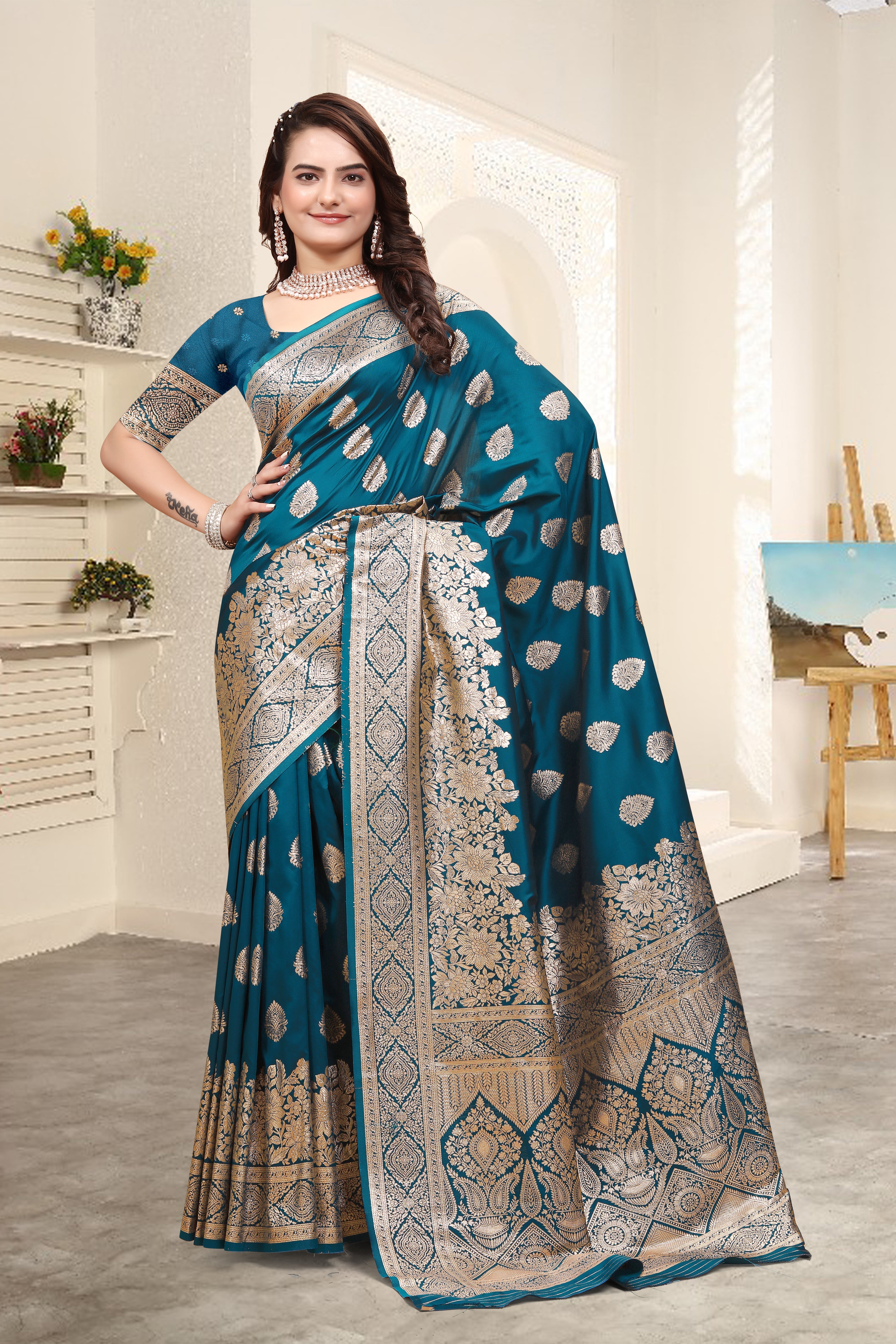 Banarasi Teal Blue Silk Saree