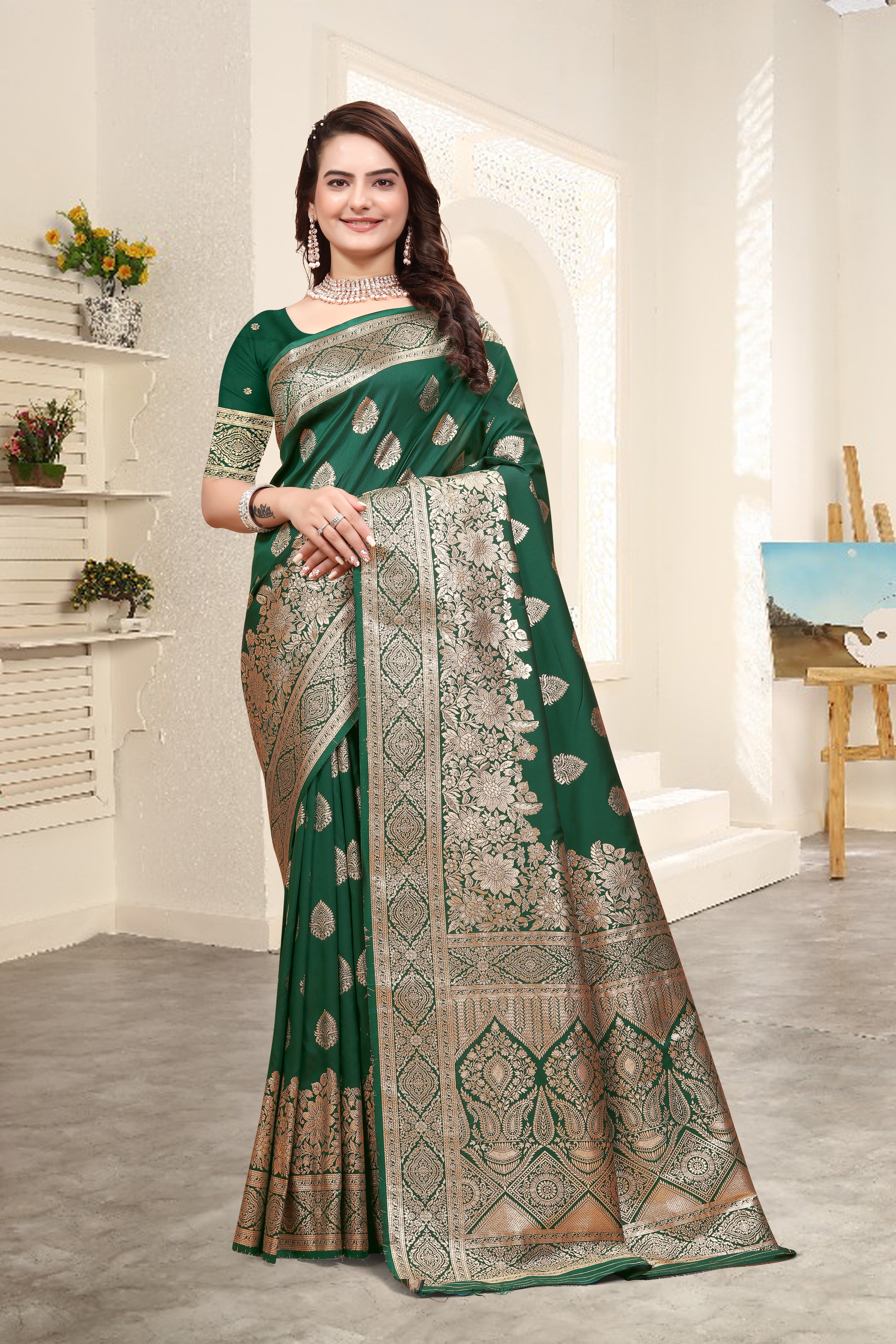 Banarasi Silk Green Contrast With Meena Saree