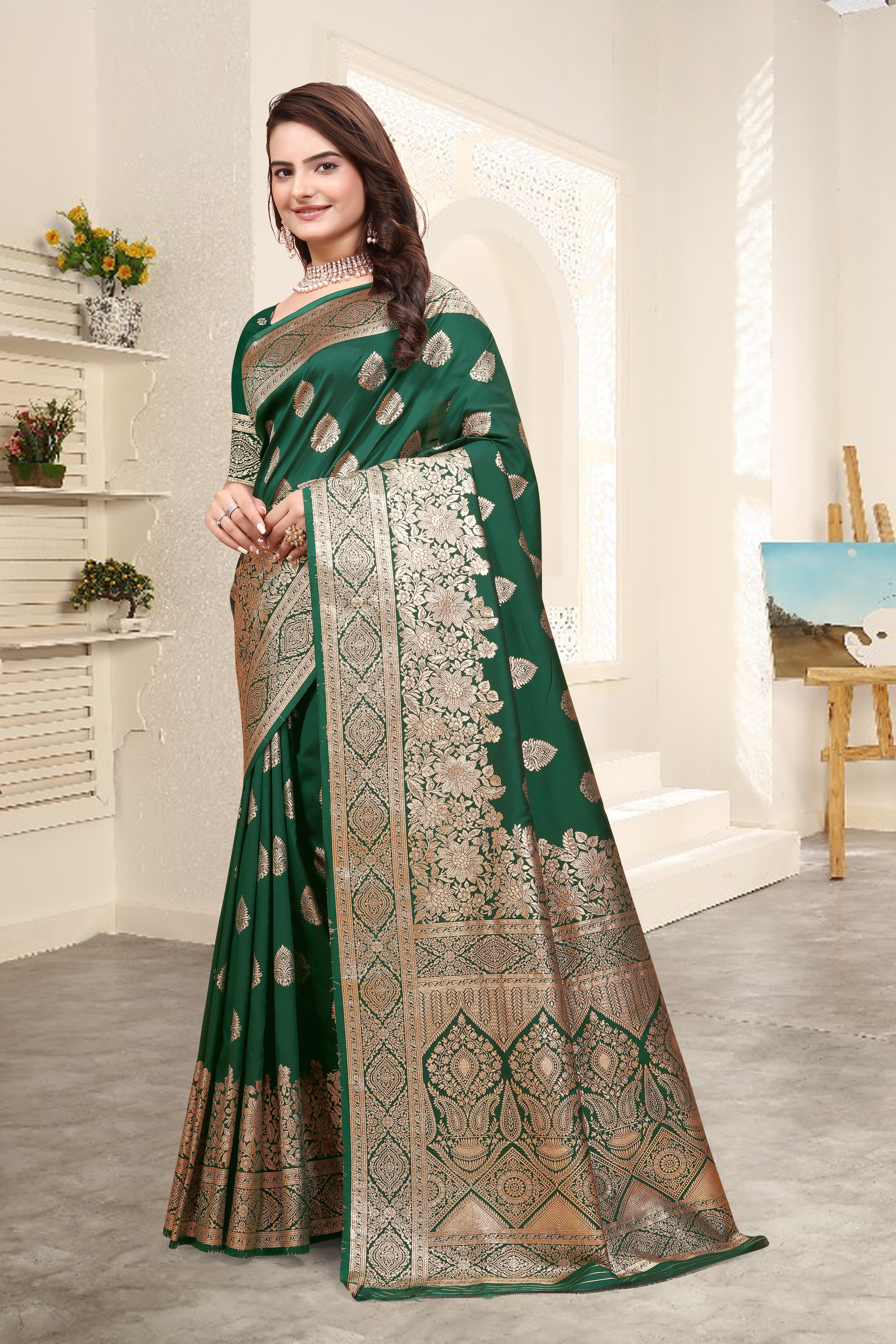 Banarasi Silk Green Contrast With Meena Saree
