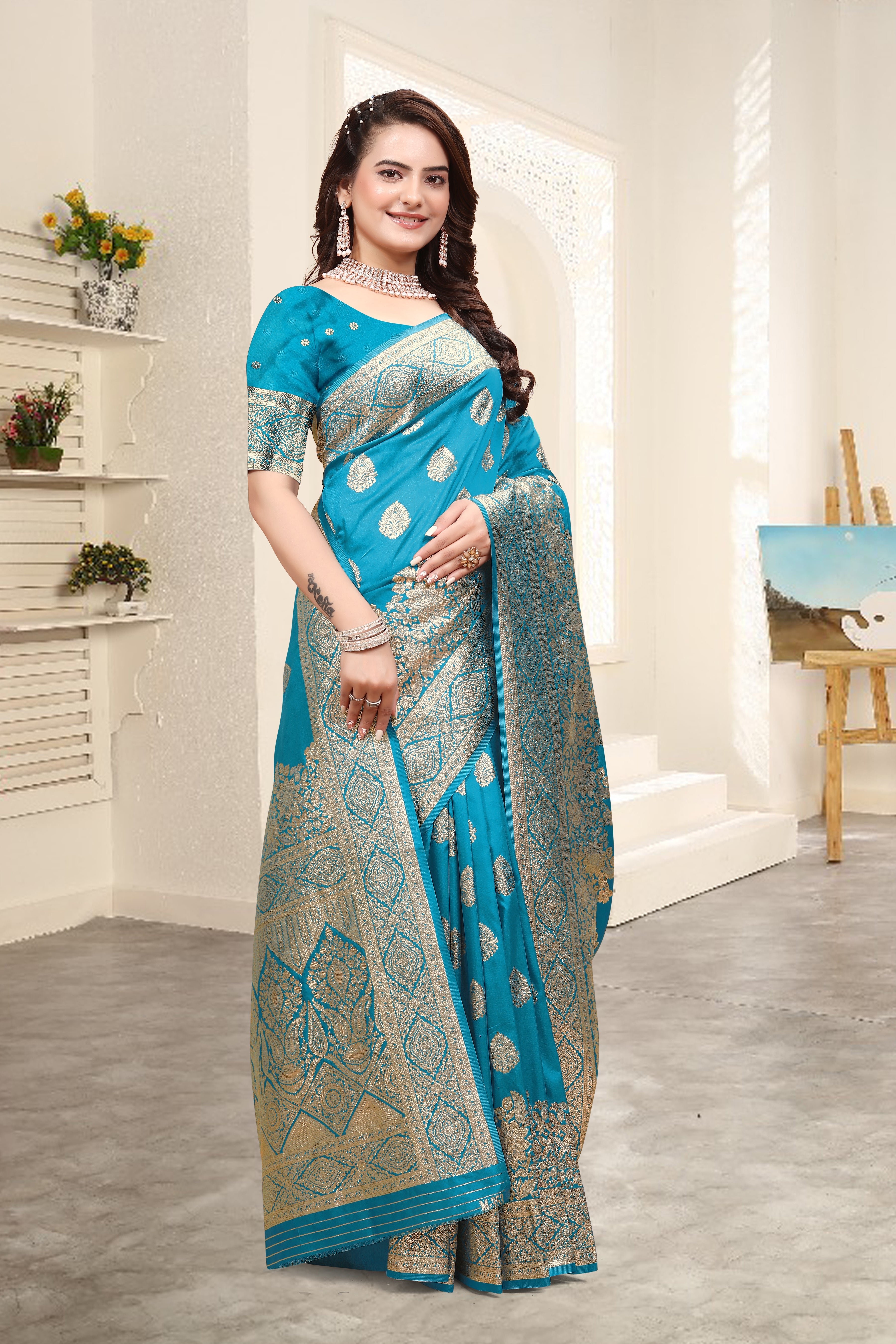 Banarasi teal blue Silk Saree