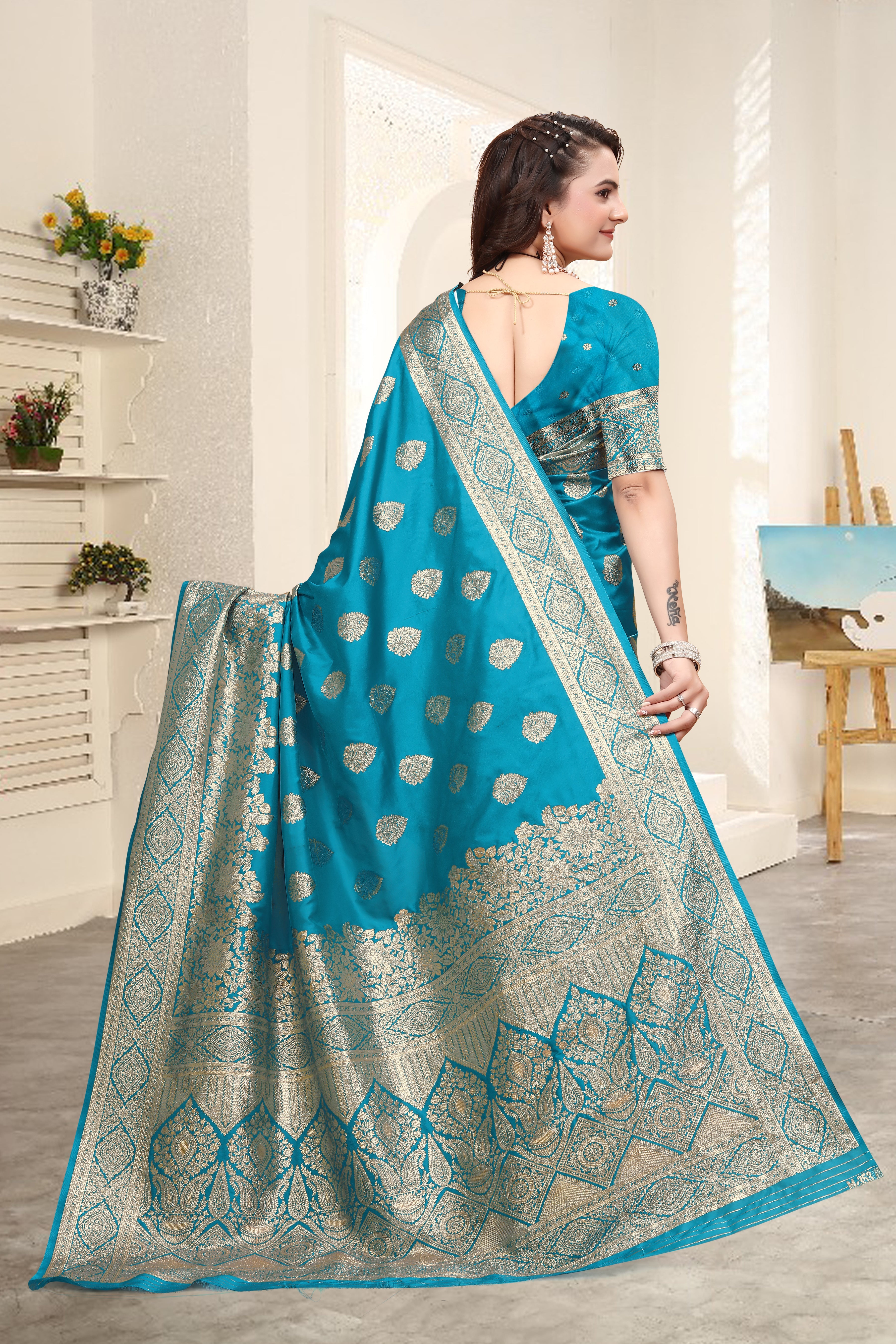 Banarasi teal blue Silk Saree