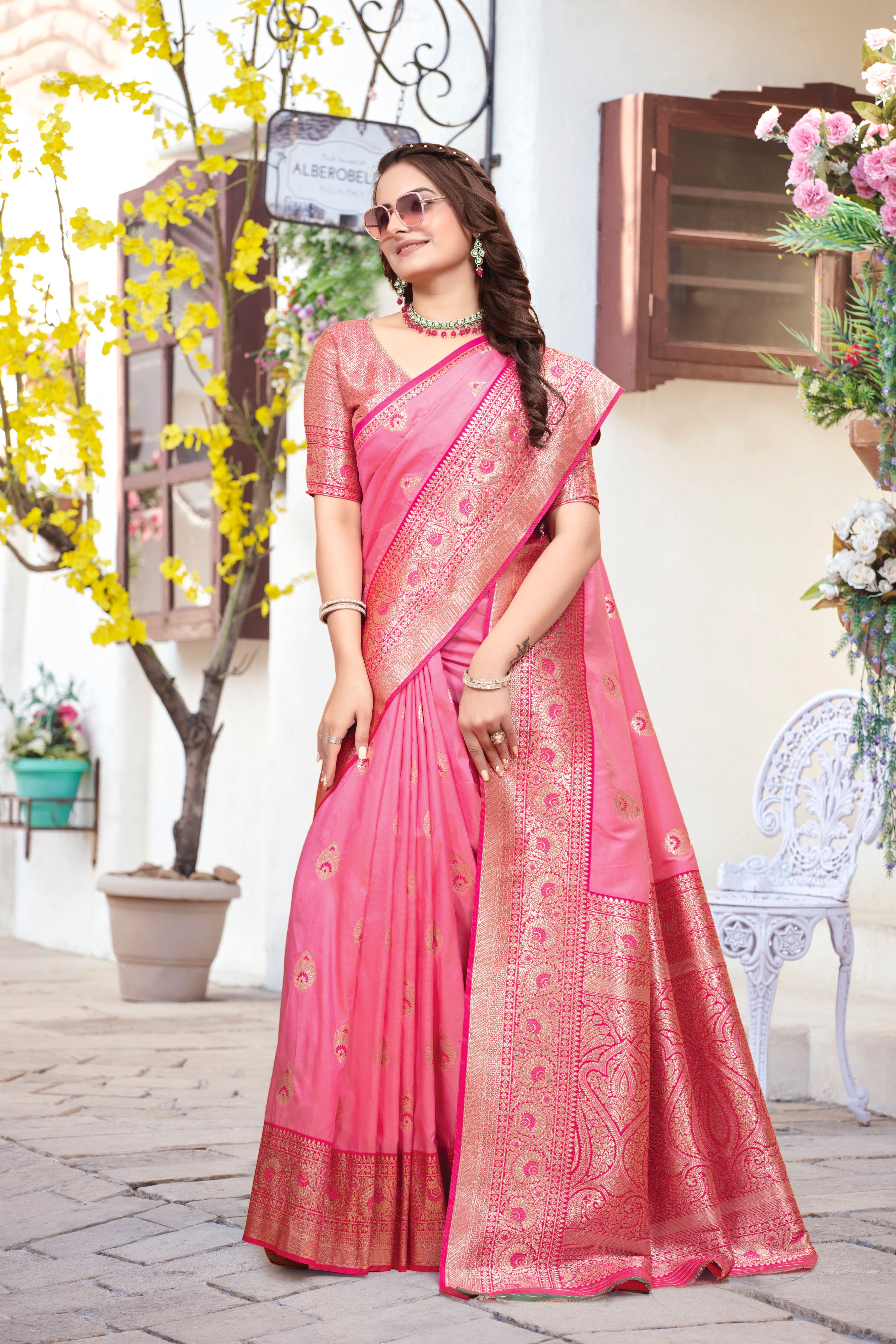 Banarasi Silk Light Pink Contrast With Meena Saree