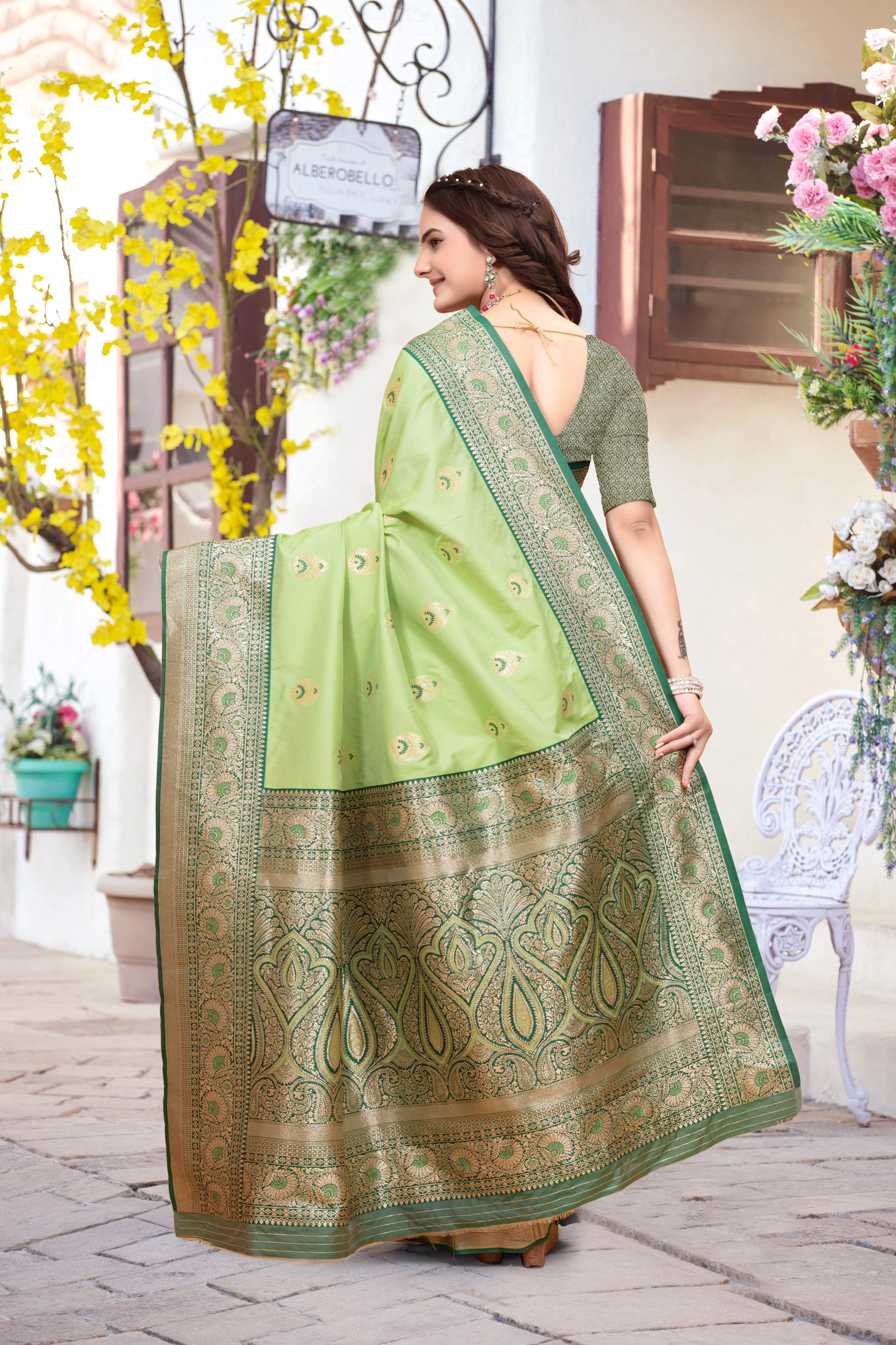 Banarasi Silk Light Green Contrast With Meena Saree