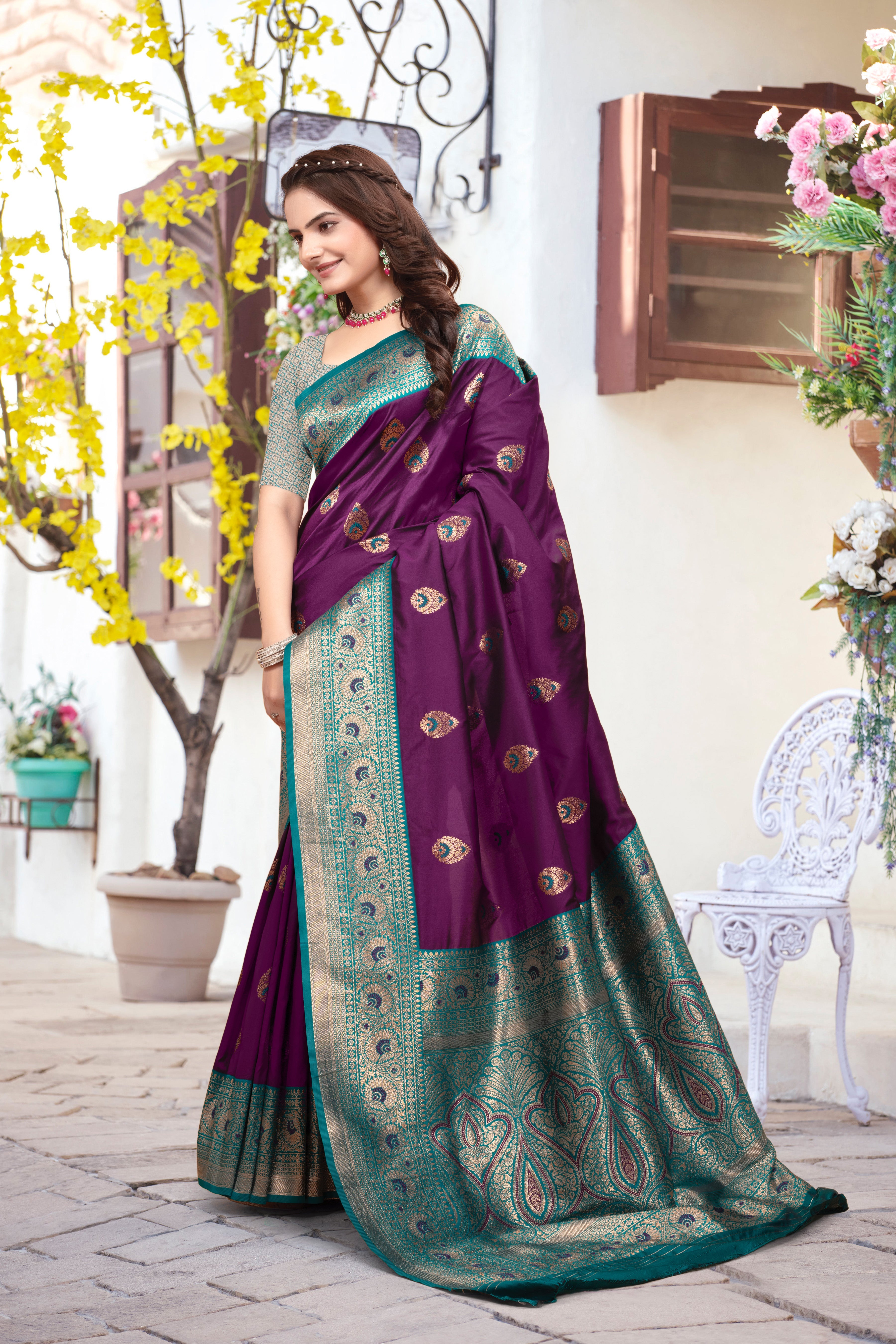Banarasi Silk Purple Contrast With Meena Saree