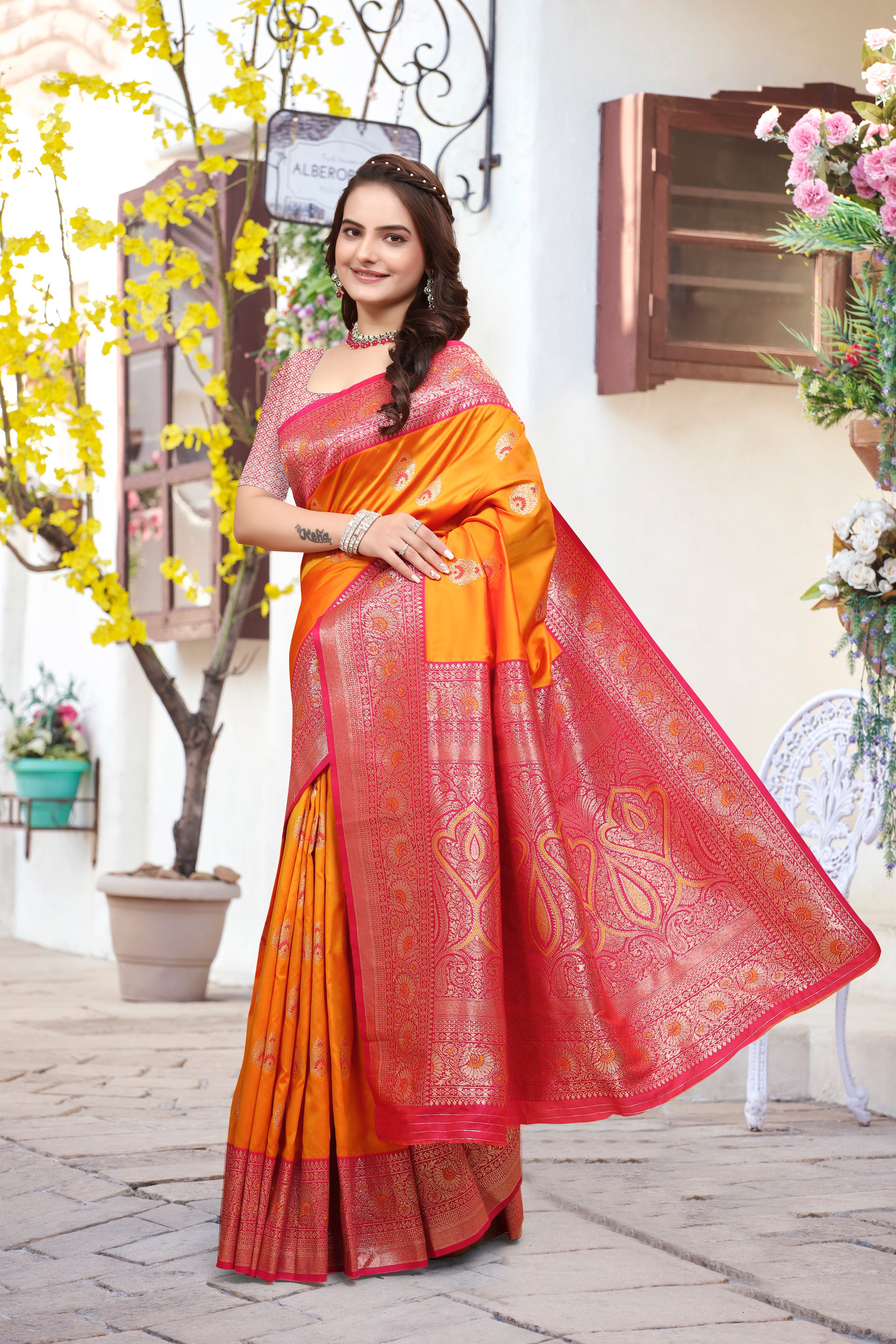 Banarasi Silk Orange Contrast With Meena Saree