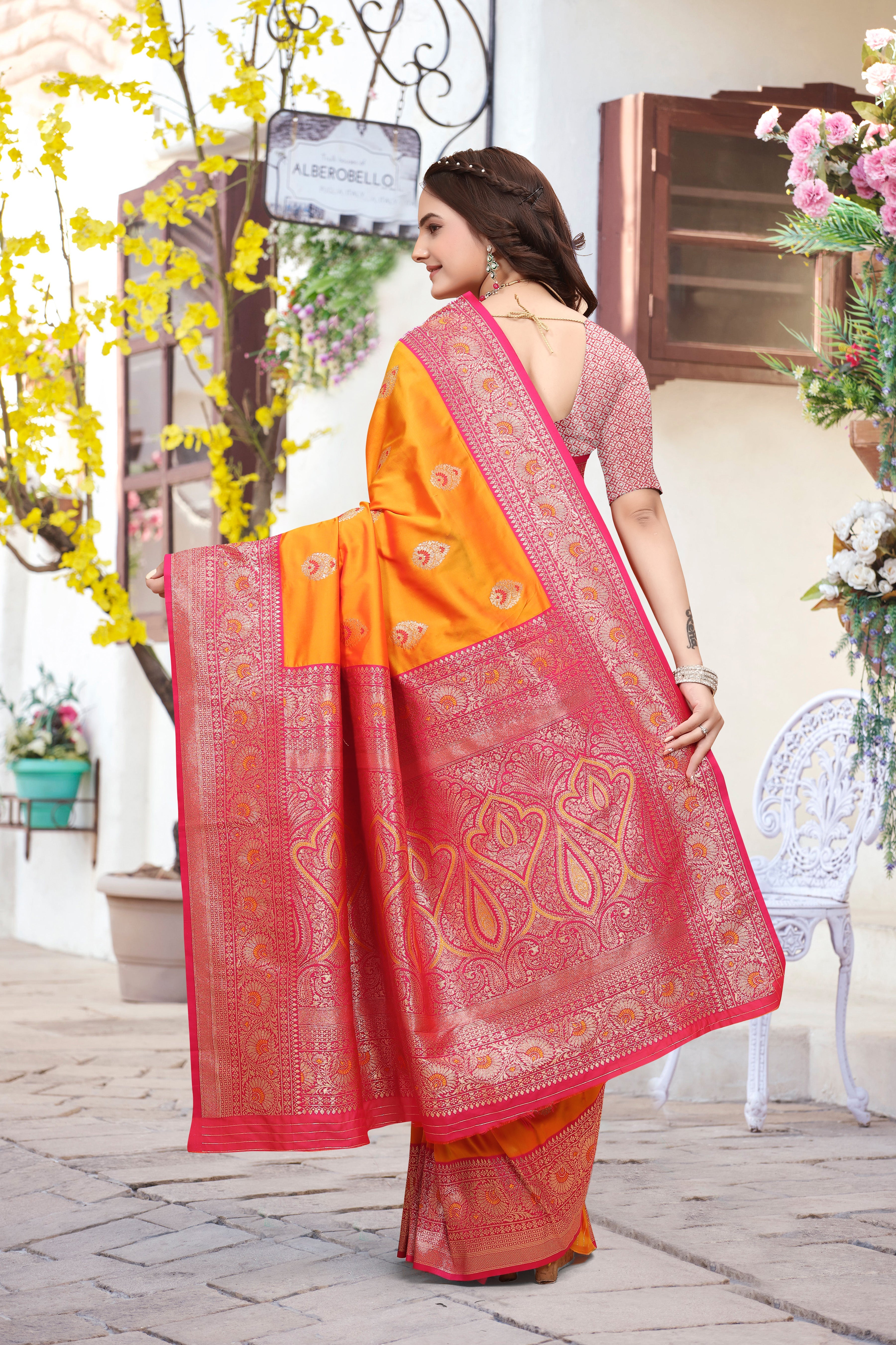 Banarasi Silk Orange Contrast With Meena Saree