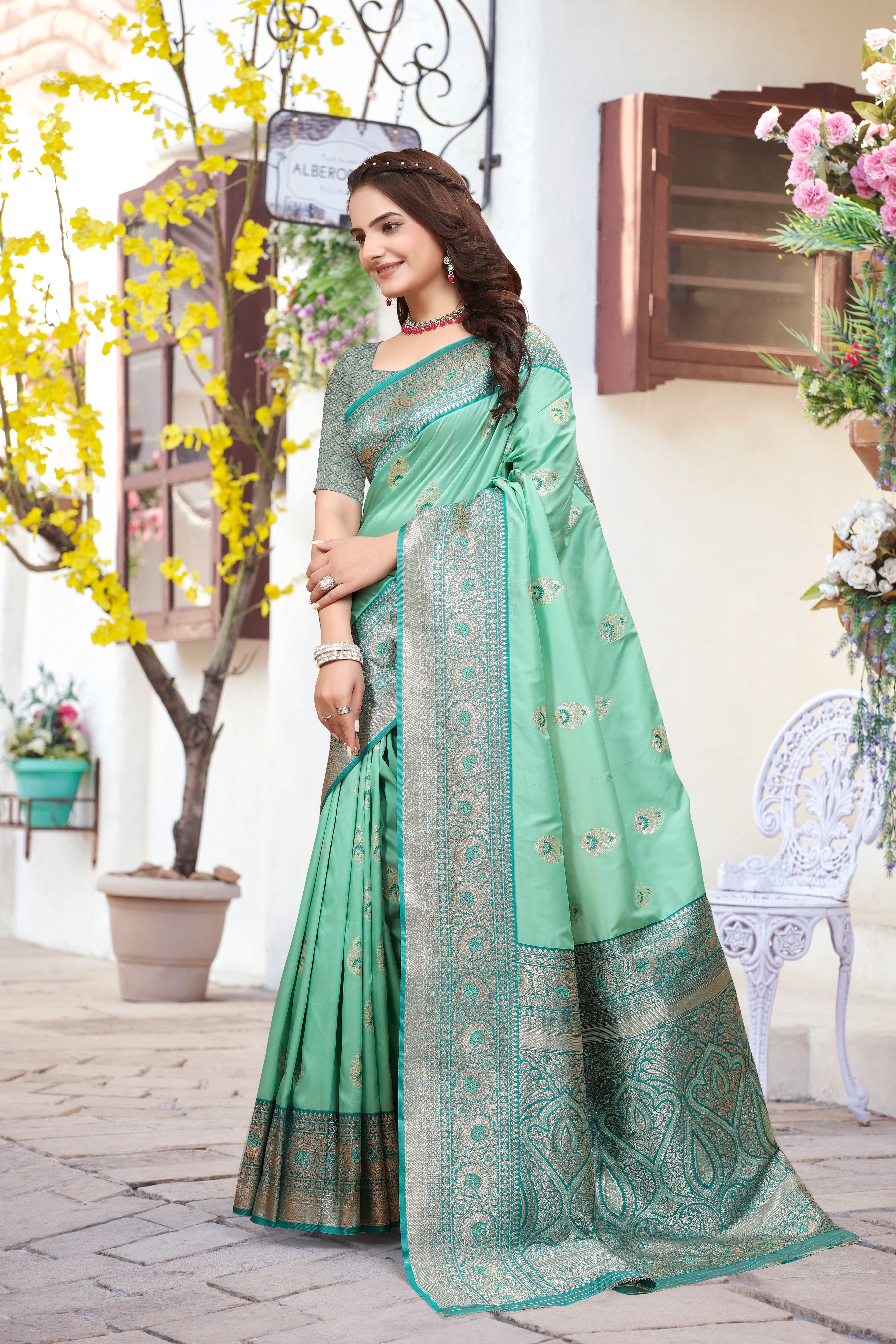 Banarasi Aqual Green Silk Saree