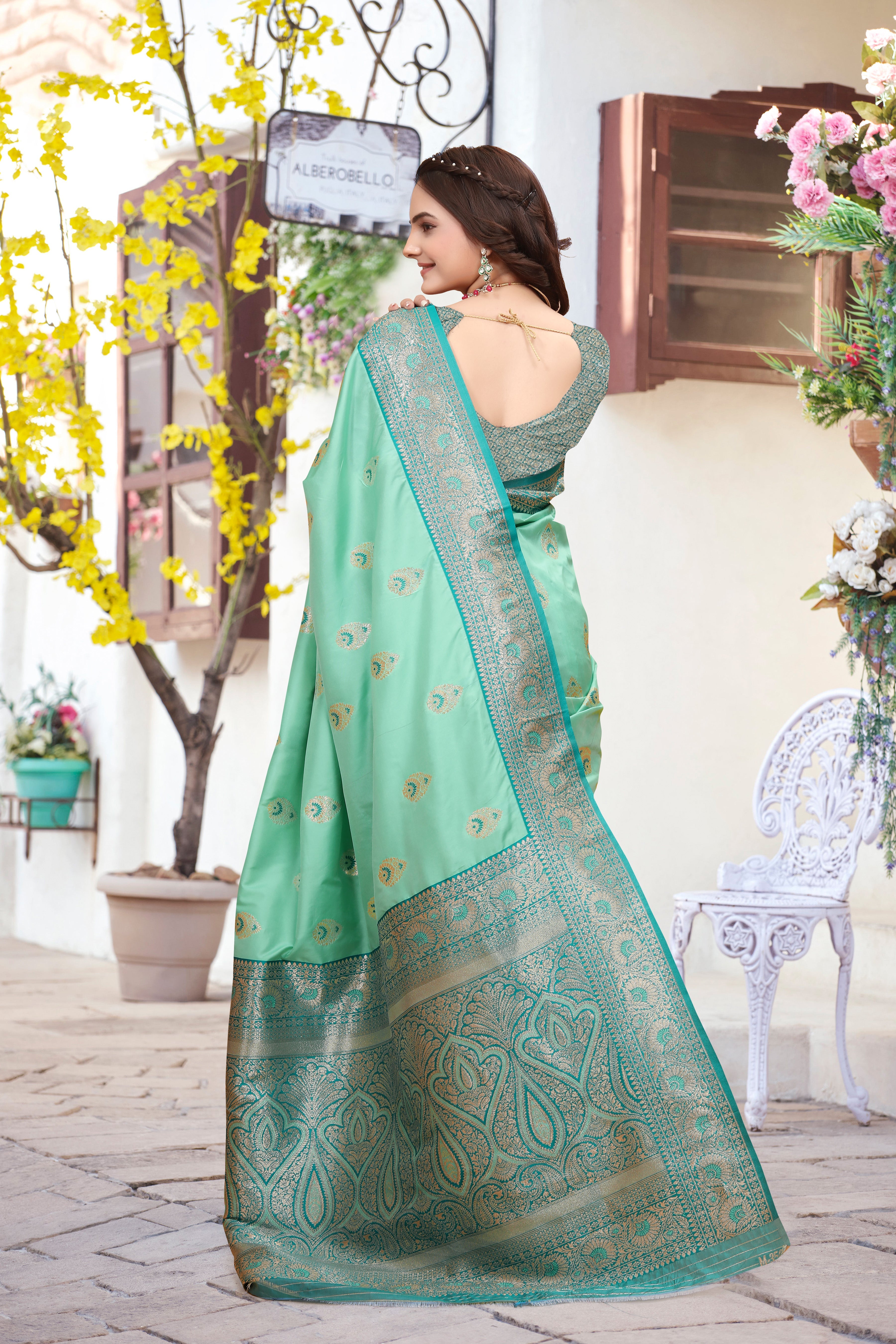 Banarasi Aqual Green Silk Saree