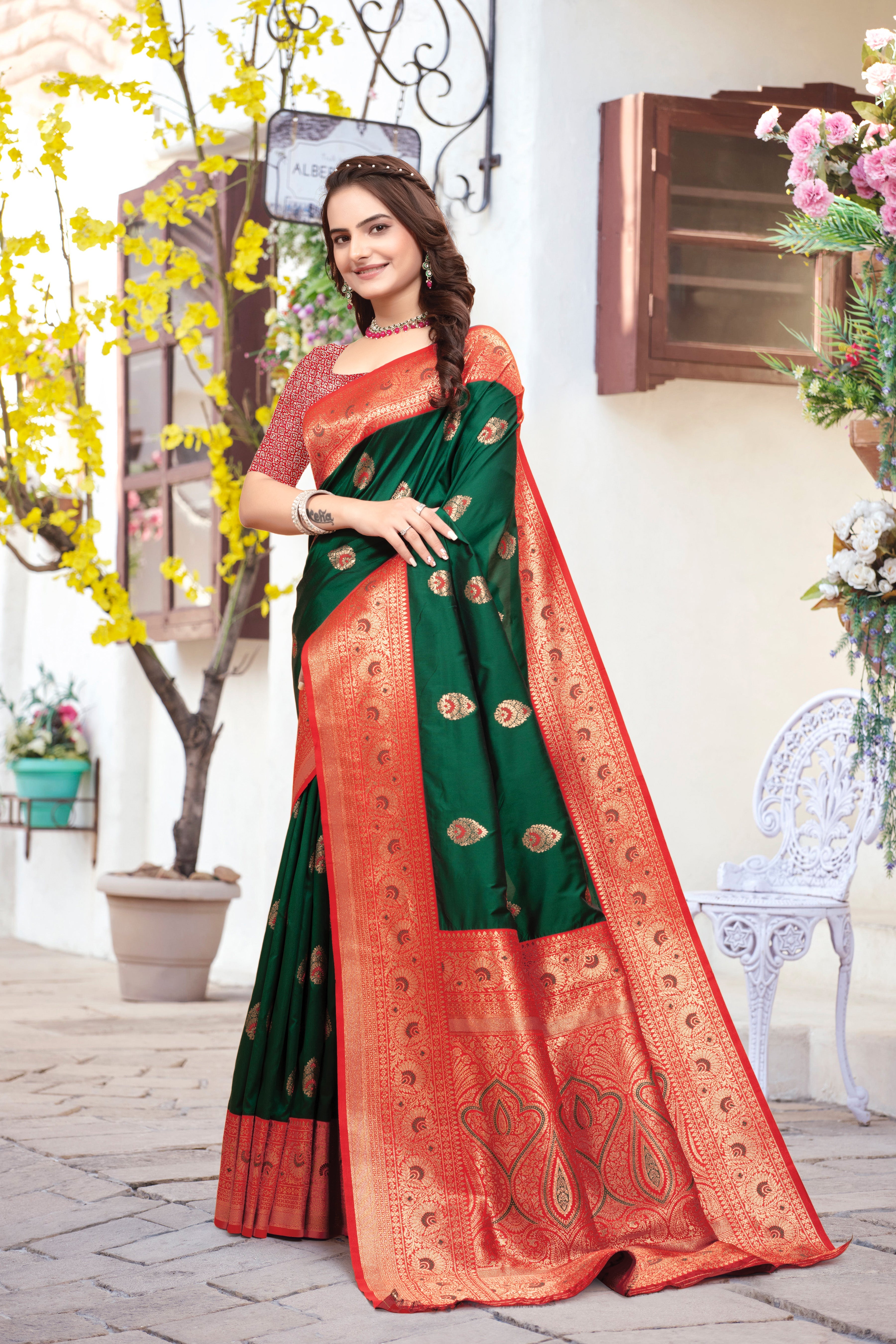 Banarasi Silk Dark Green Contrast With Meena Saree