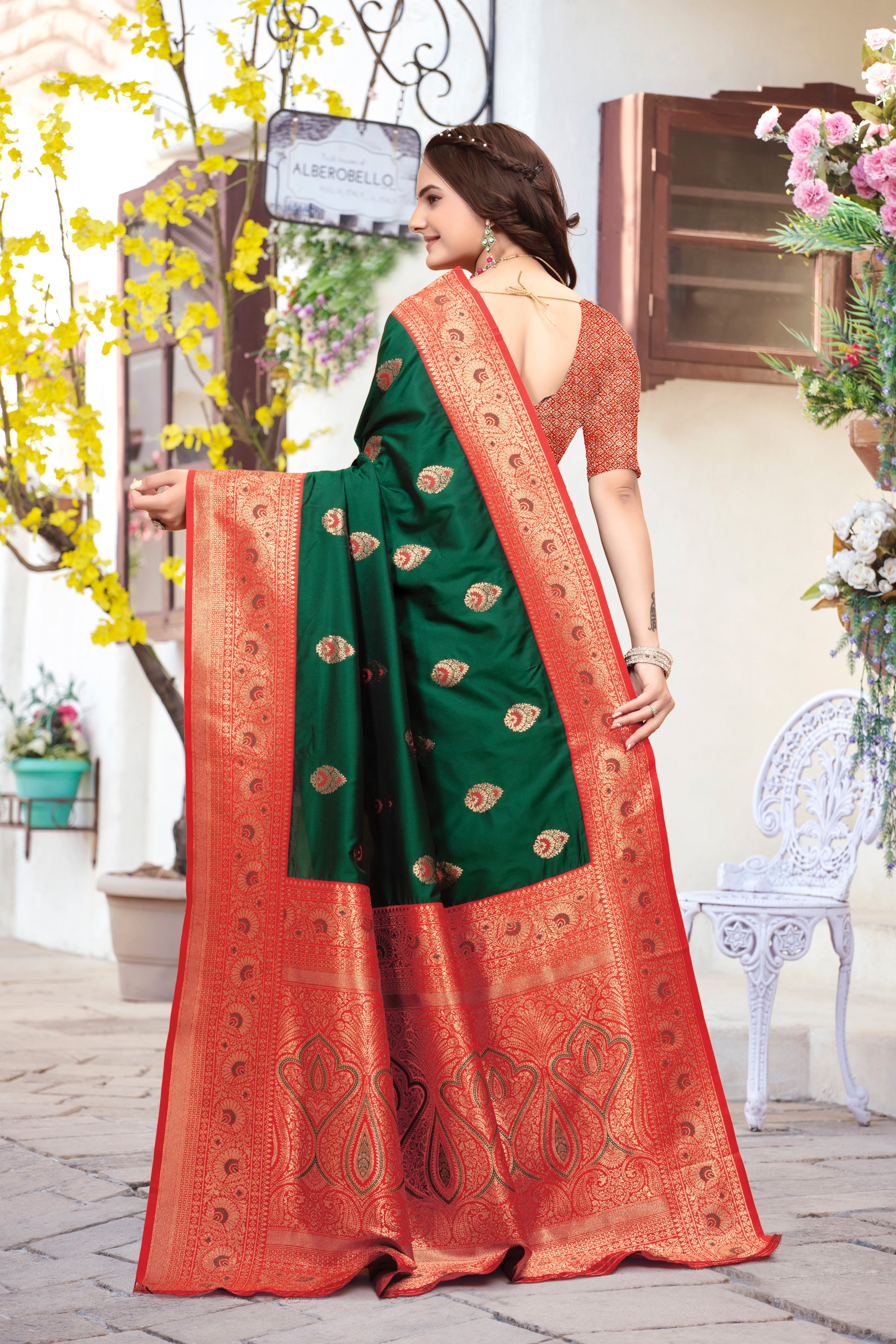 Banarasi Silk Dark Green Contrast With Meena Saree