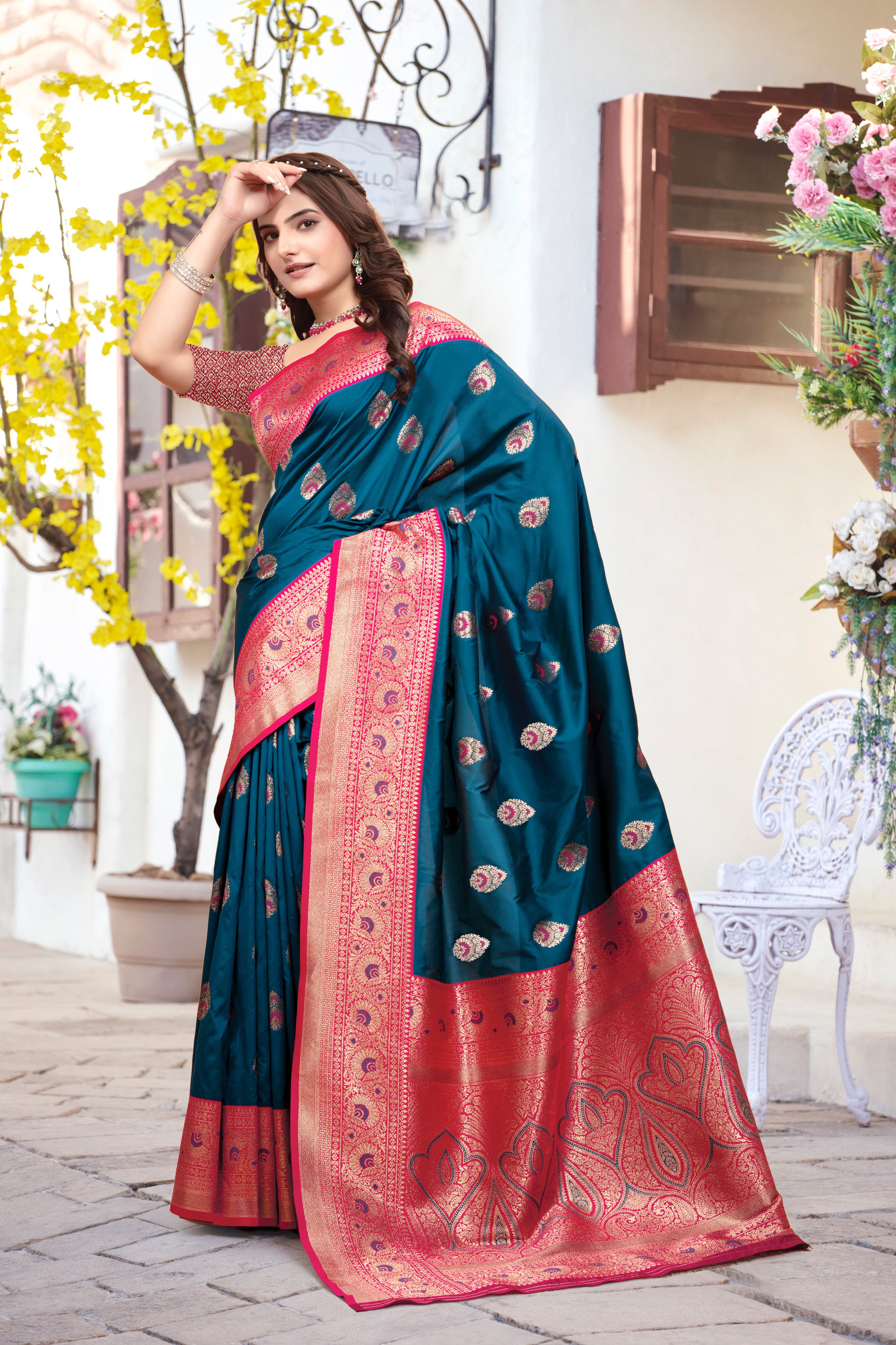 Banarasi Silk Dark Blue Contrast With Meena Saree