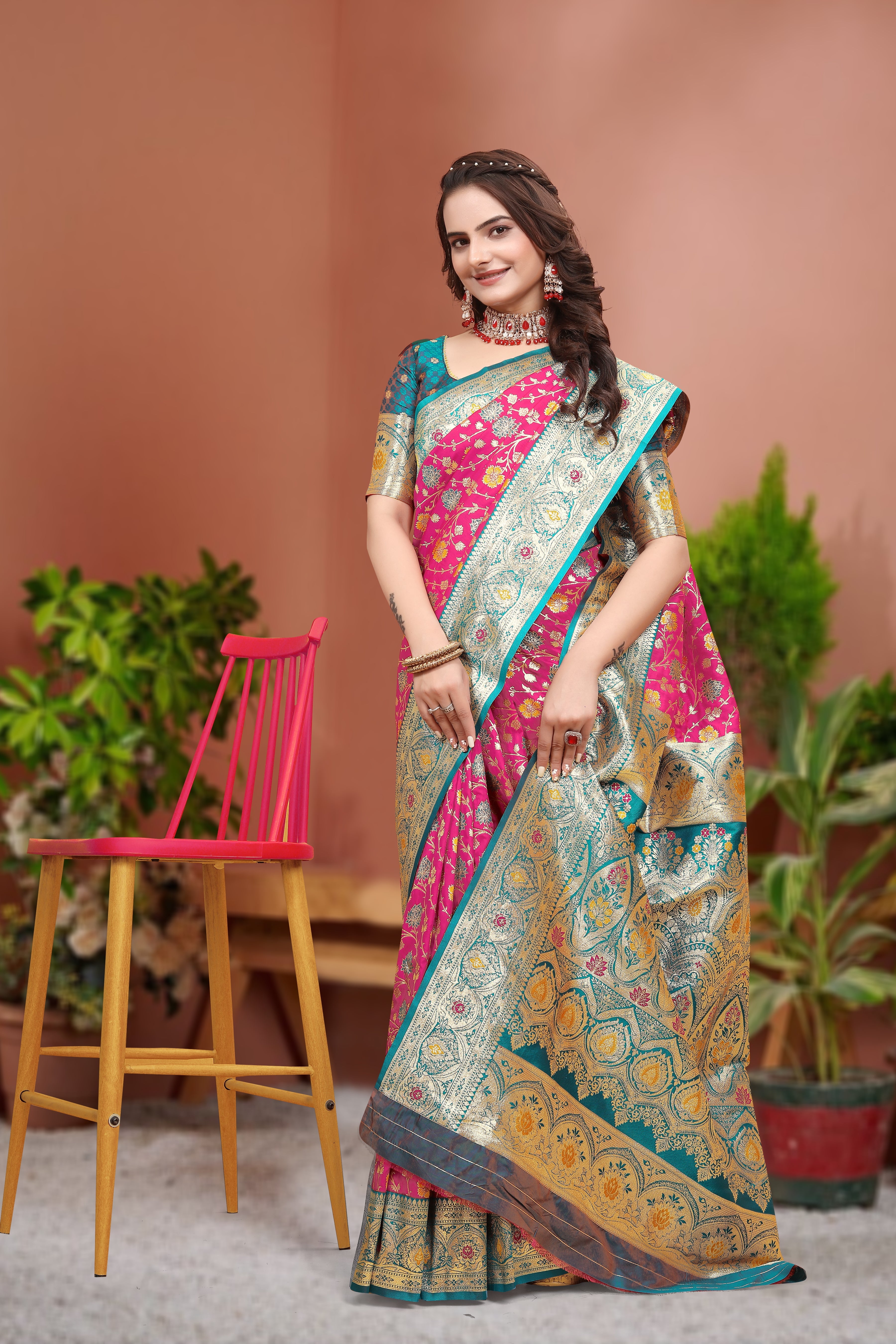 Banarasi Silk Pink Contrast With Meena Saree