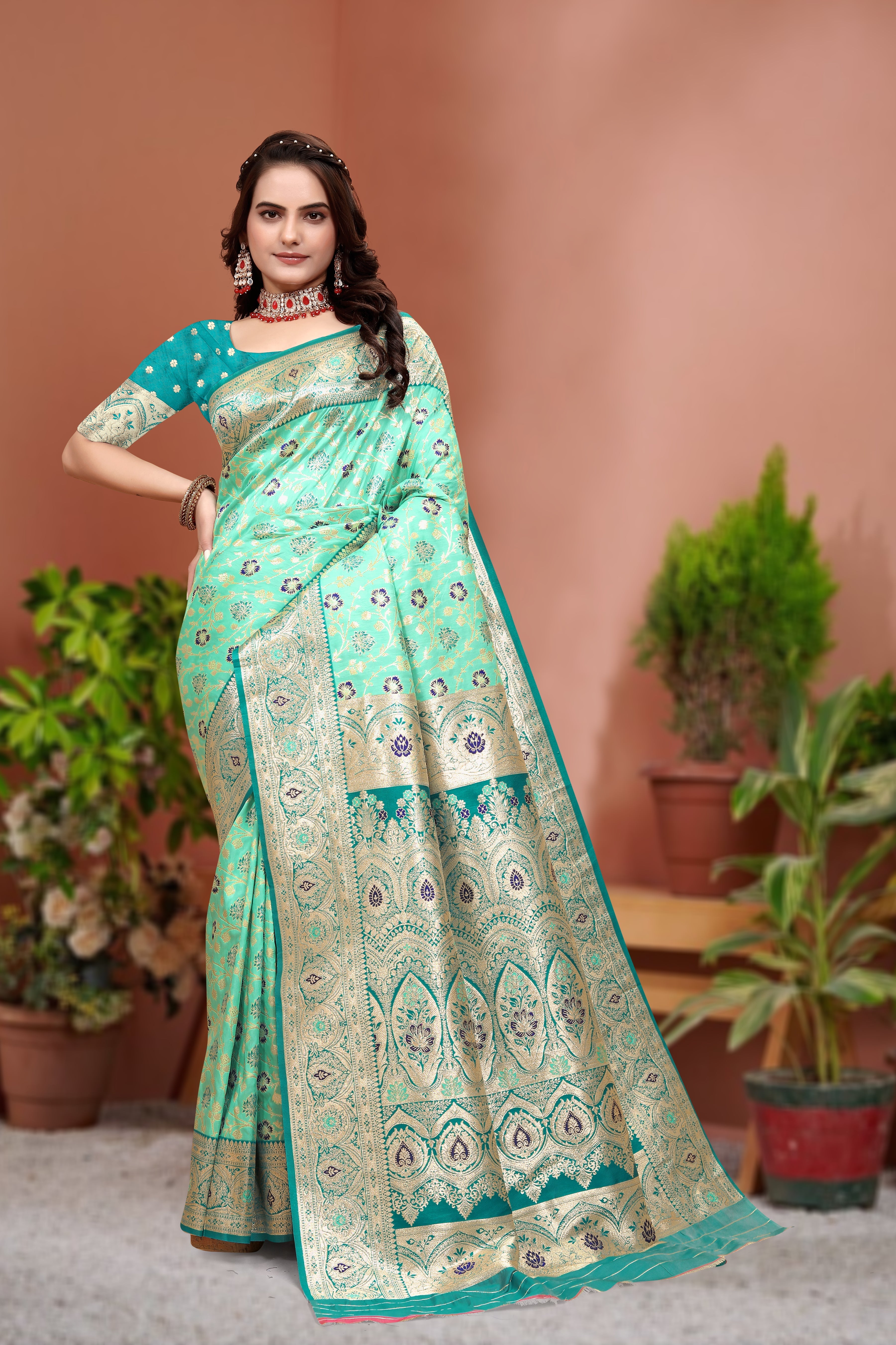 Banarasi Silk Sea Green Contrast With Meena Saree