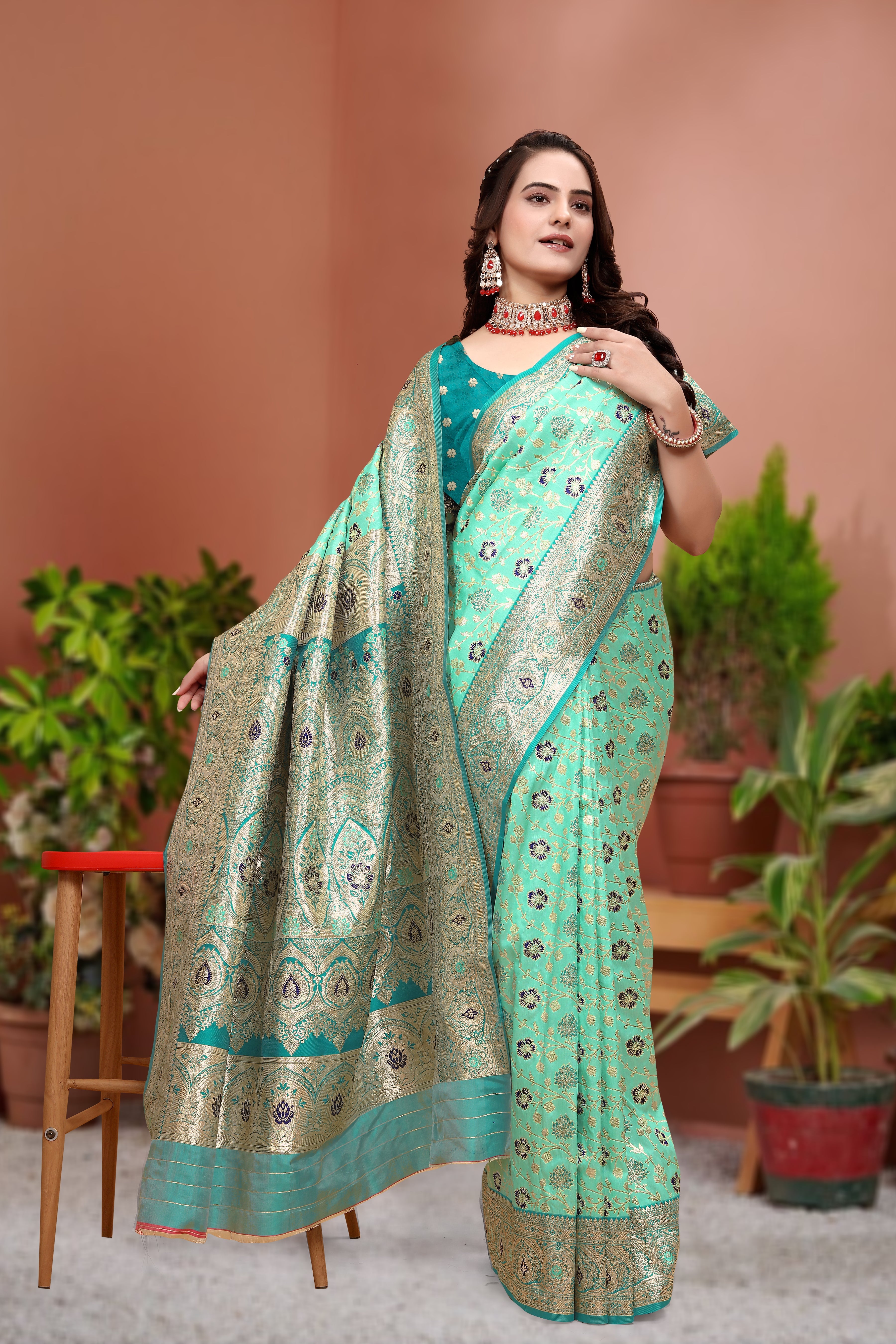 Banarasi Silk Sea Green Contrast With Meena Saree