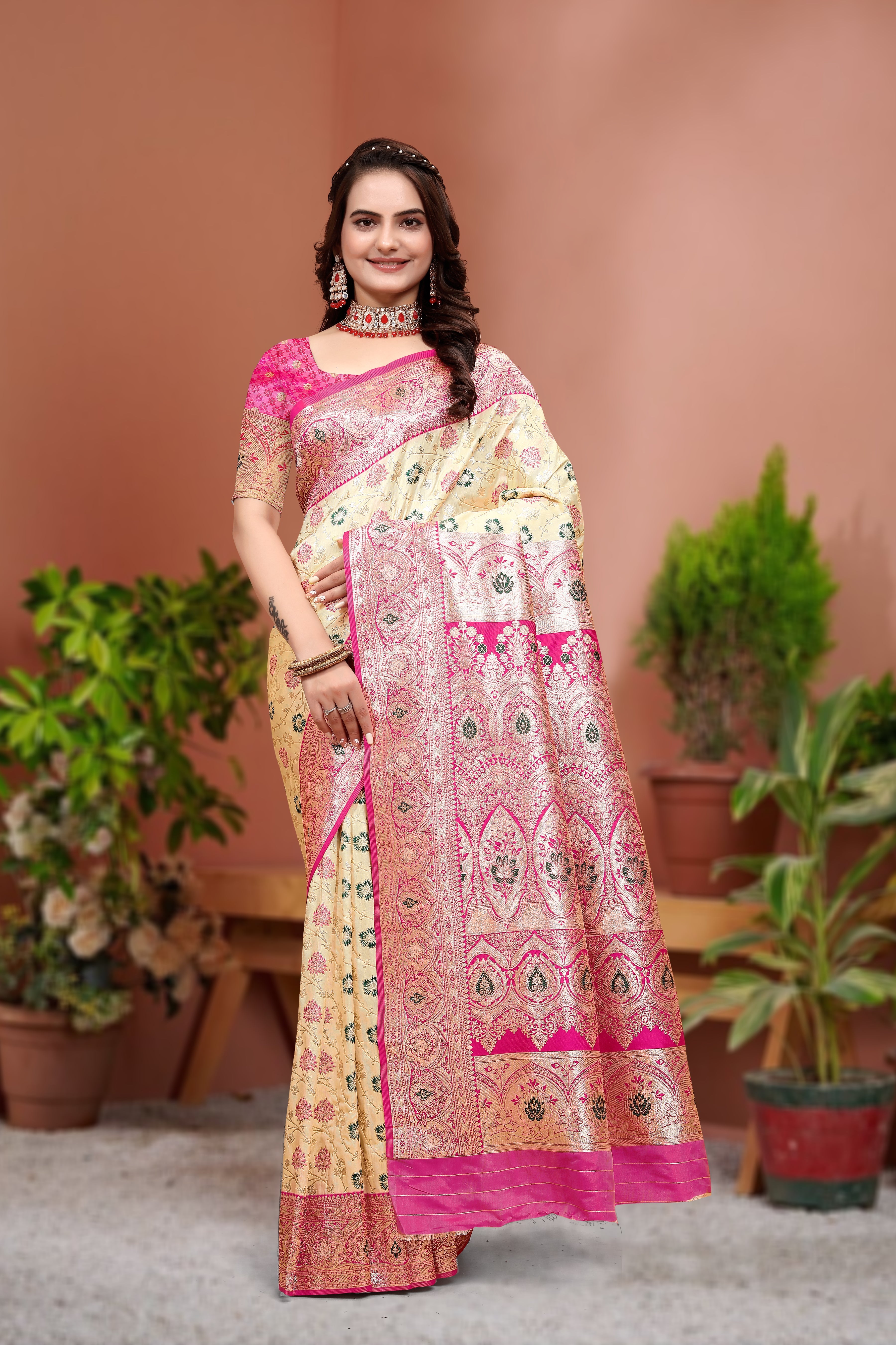 Banarasi Silk Cream Contrast With Meena Saree